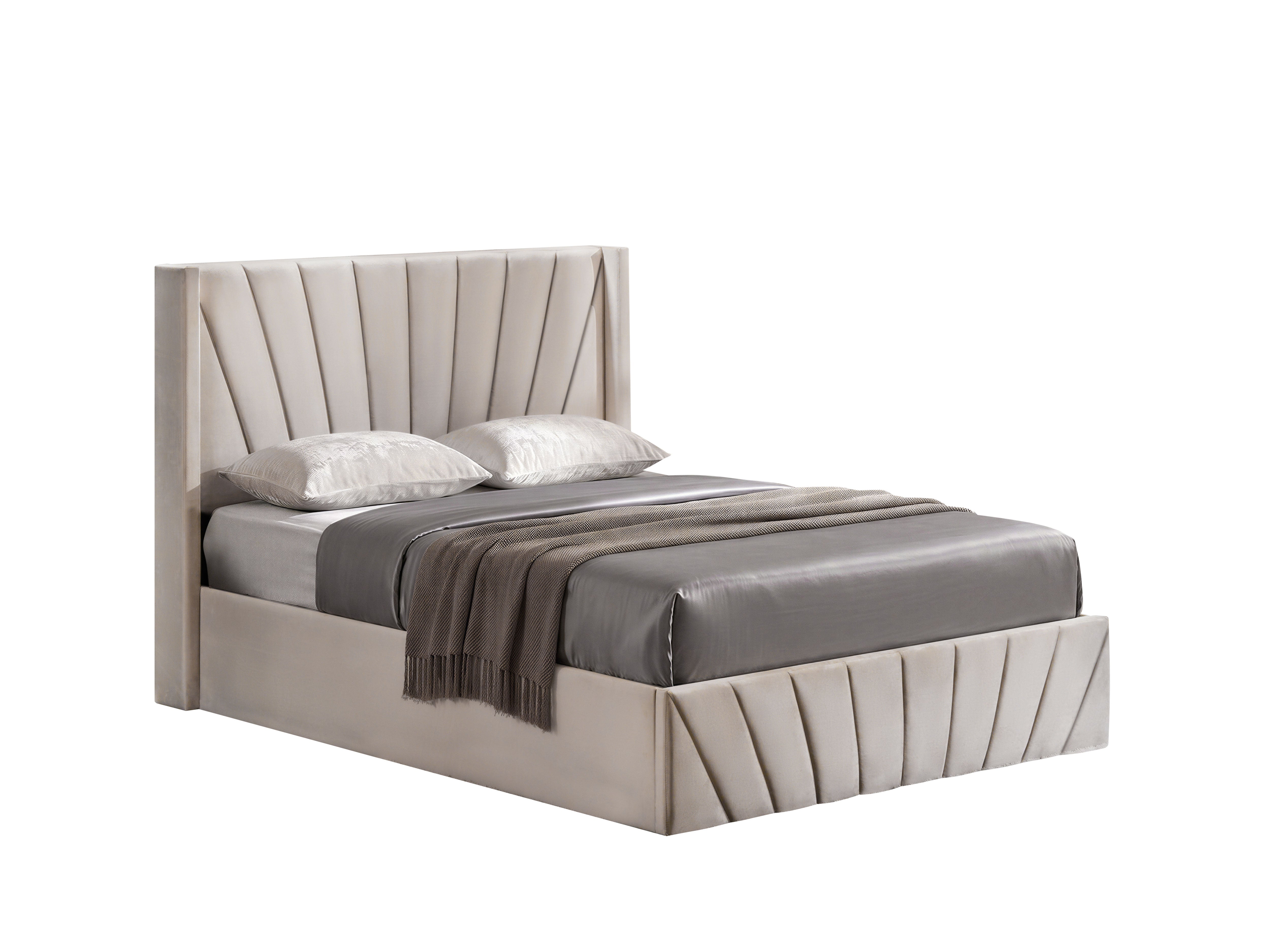 Beige Channel-Tufted Storage Bed with Hydraulic Lift – IF-5872
