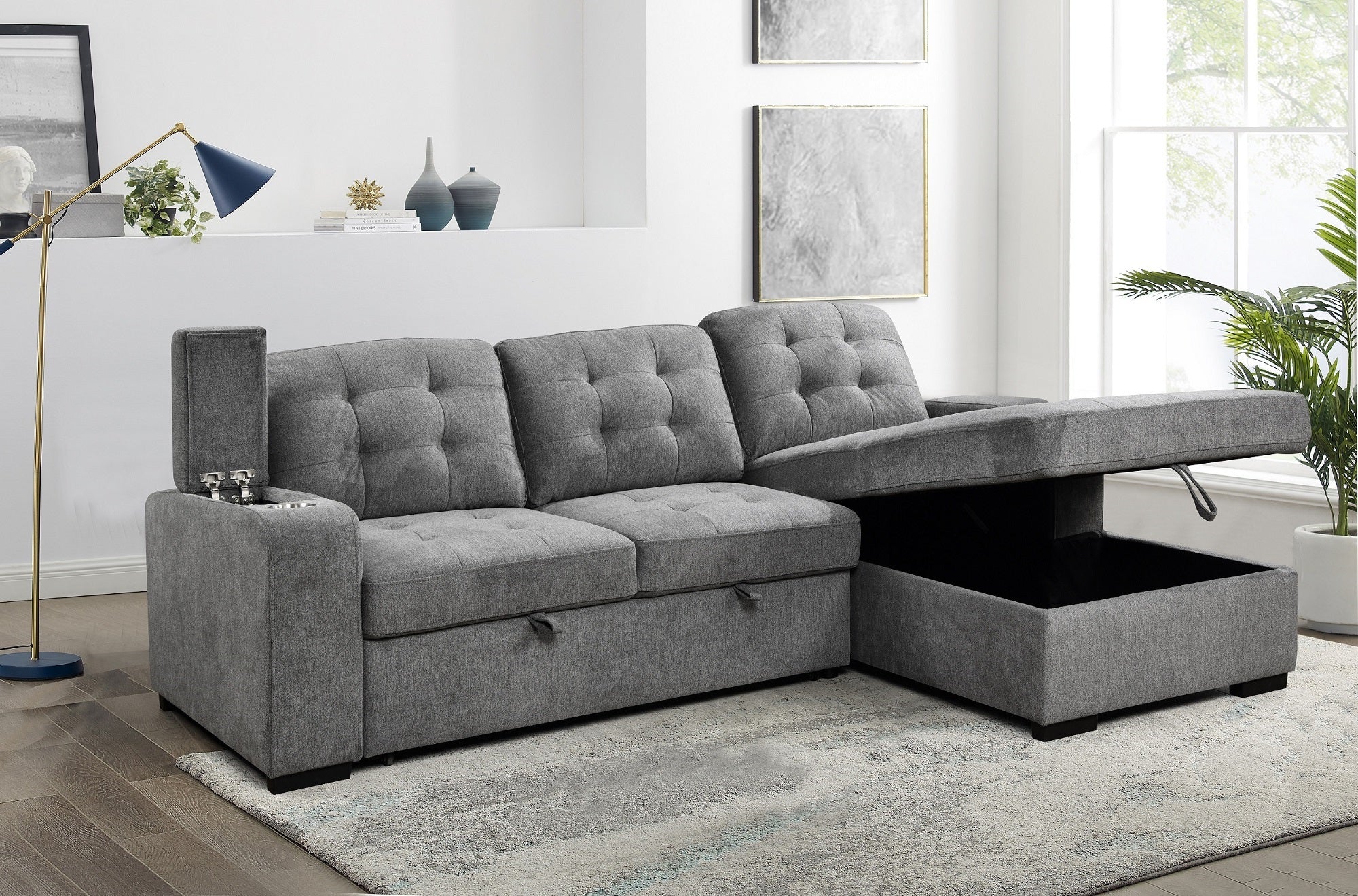 Grey Tufted Sectional Sofa with Storage Chaise – IF-9051 RHF