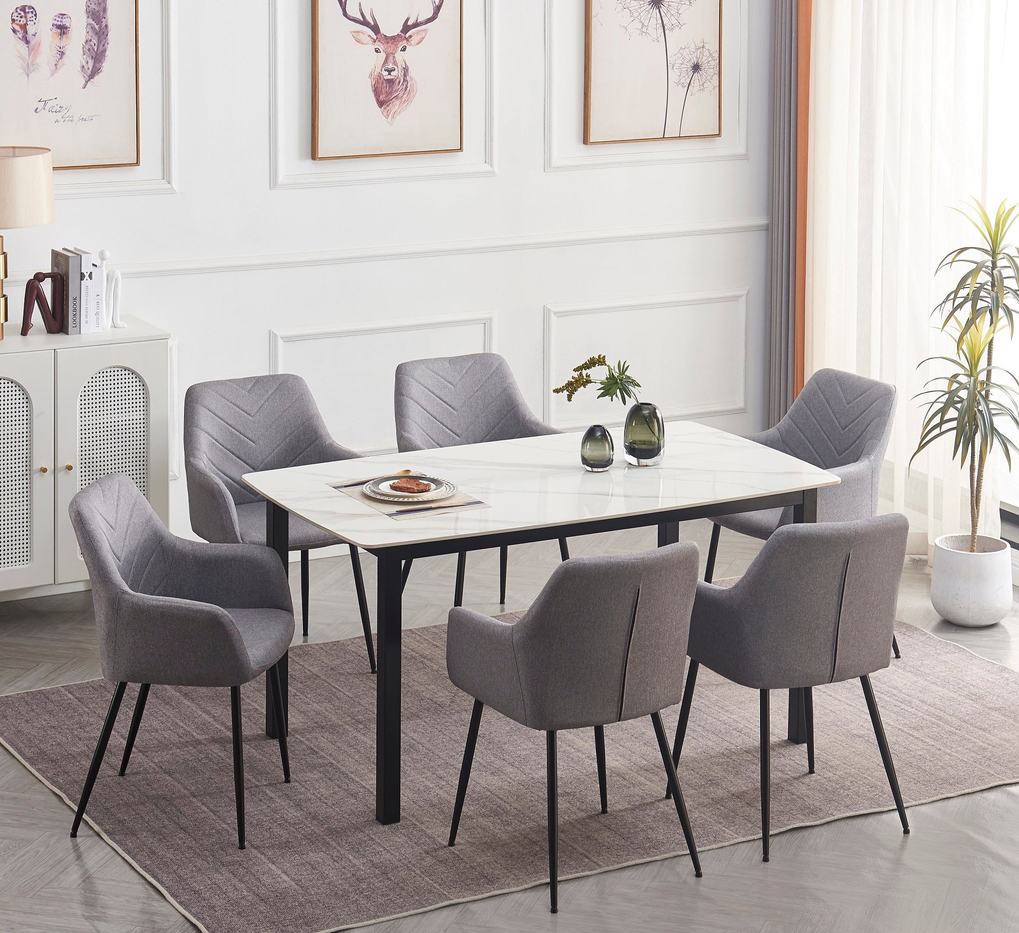 Table: Sintered Stone White Marble Top With Black Steel Legs Dinette Set – T-1815 C-1815