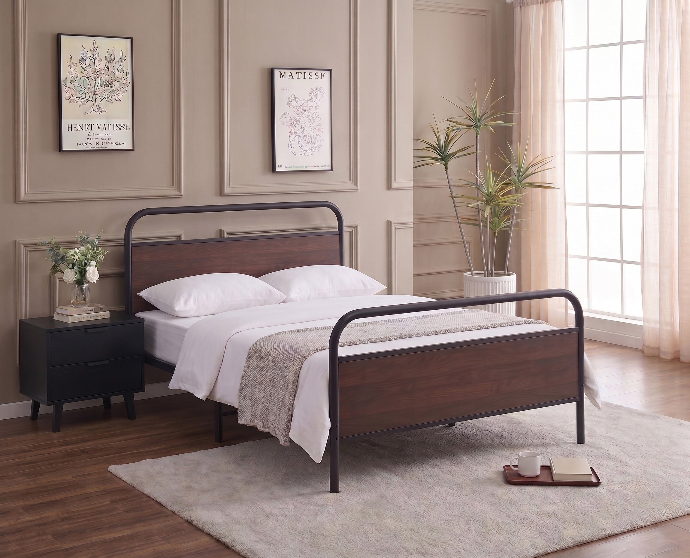 Black Steel Bed Frame with Wood Panel Accents – IF-5255