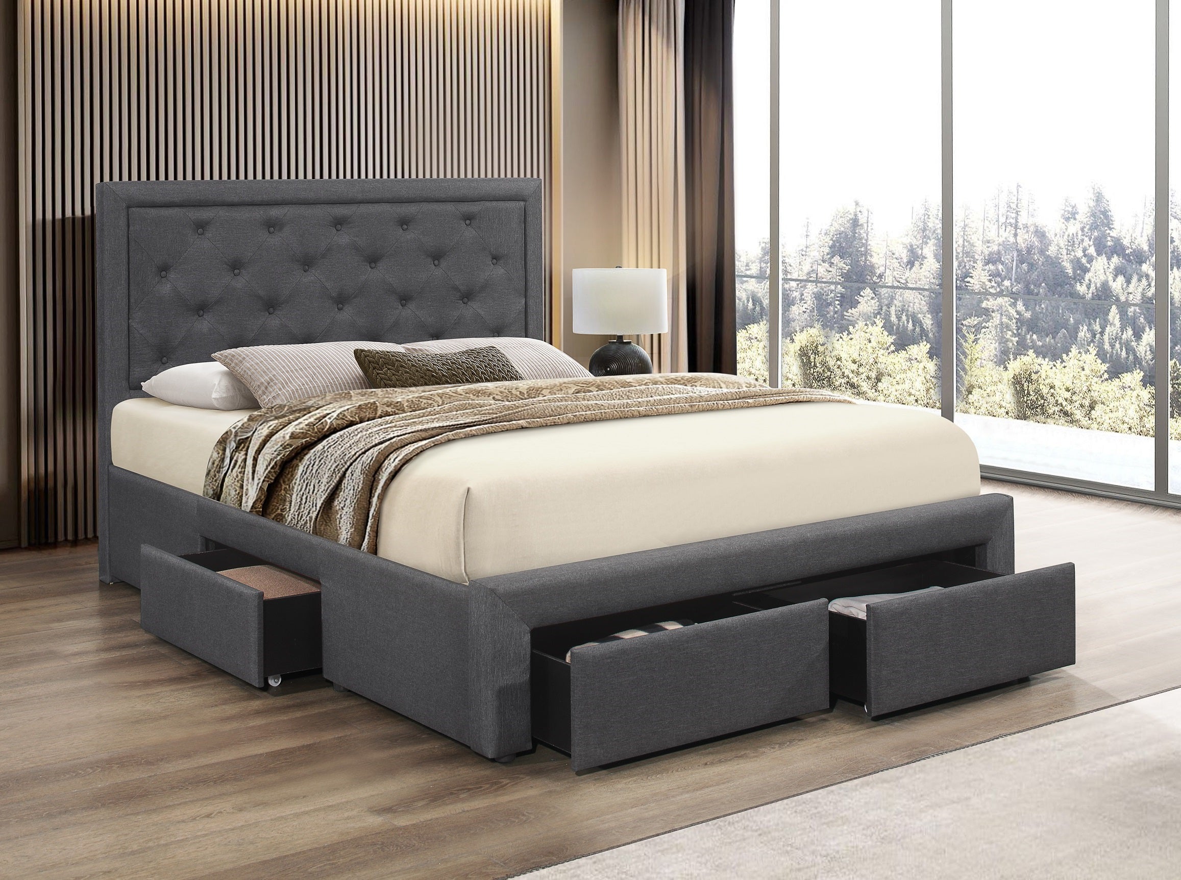 Grey Tufted Storage Bed with Footboard Drawers – IF-5295