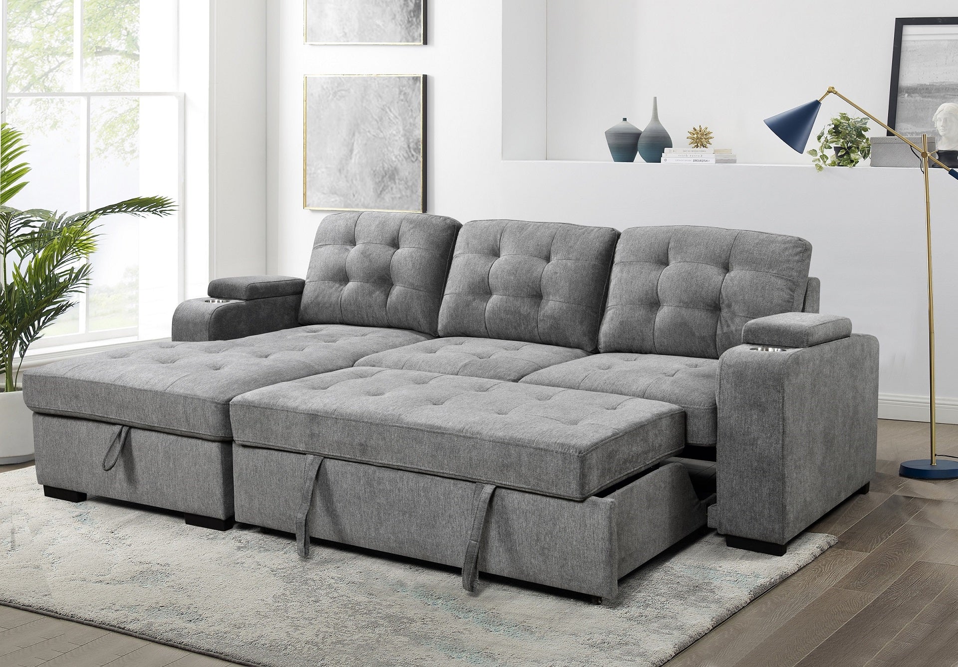 Grey Tufted Sleeper Sectional with Storage Chaise – IF-9050 LHF
