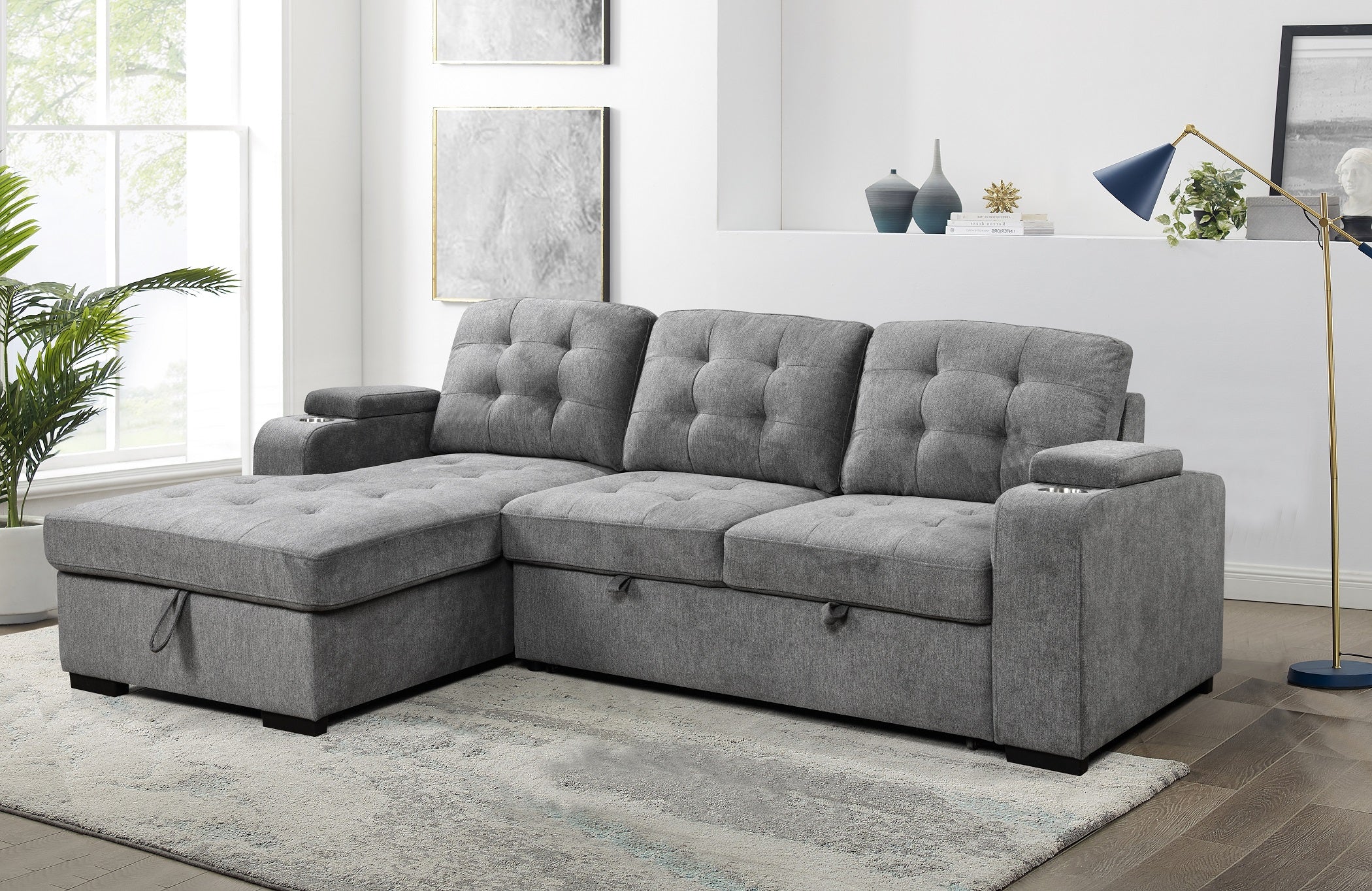 Grey Tufted Sleeper Sectional with Storage Chaise – IF-9050 LHF