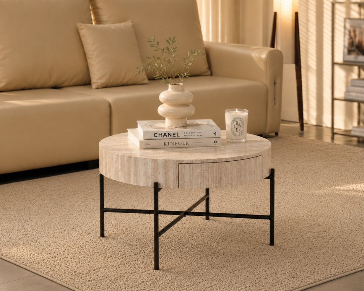 Elegant Beige Travertine-Look Finish with Natural Stone Texture Coffee / Side Table – IF-3210