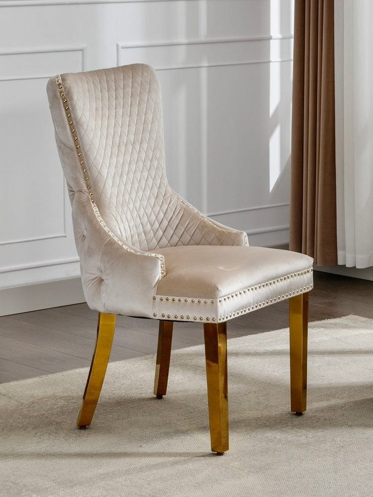 Champagne Beige Diamond-Tufted Velvet Dining Chair with Nailhead Trim – C-1285