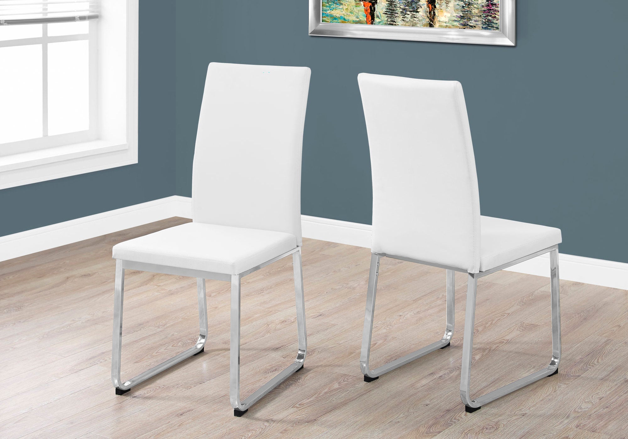 Image of dining chair - 2pcs 38inch h white leather-look chrome i 1093.