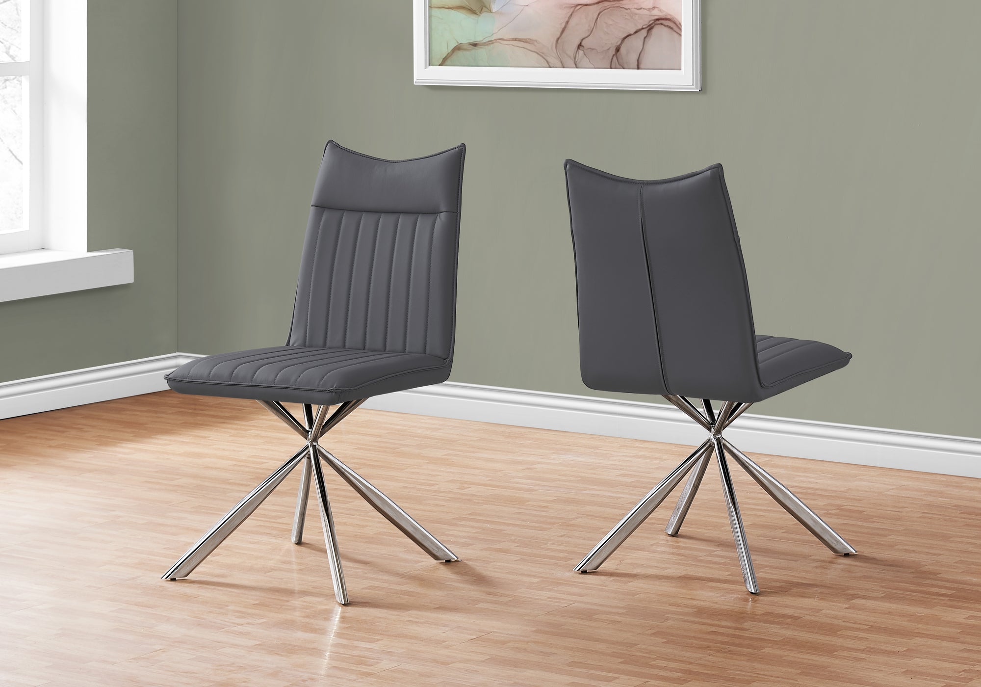 dining chair 2pcs 36h grey leather look chrome i1214
