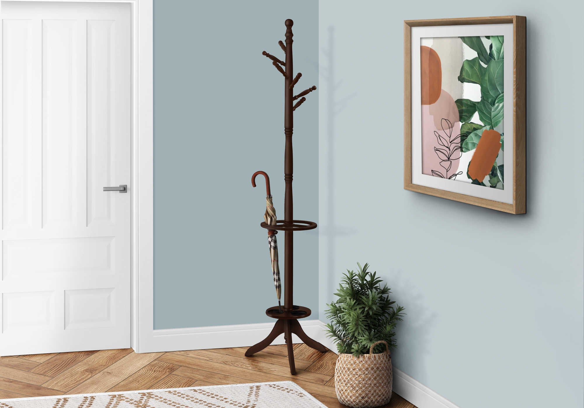 Image of coat rack - 71h dark cherry with an umbrella holder i 2005.