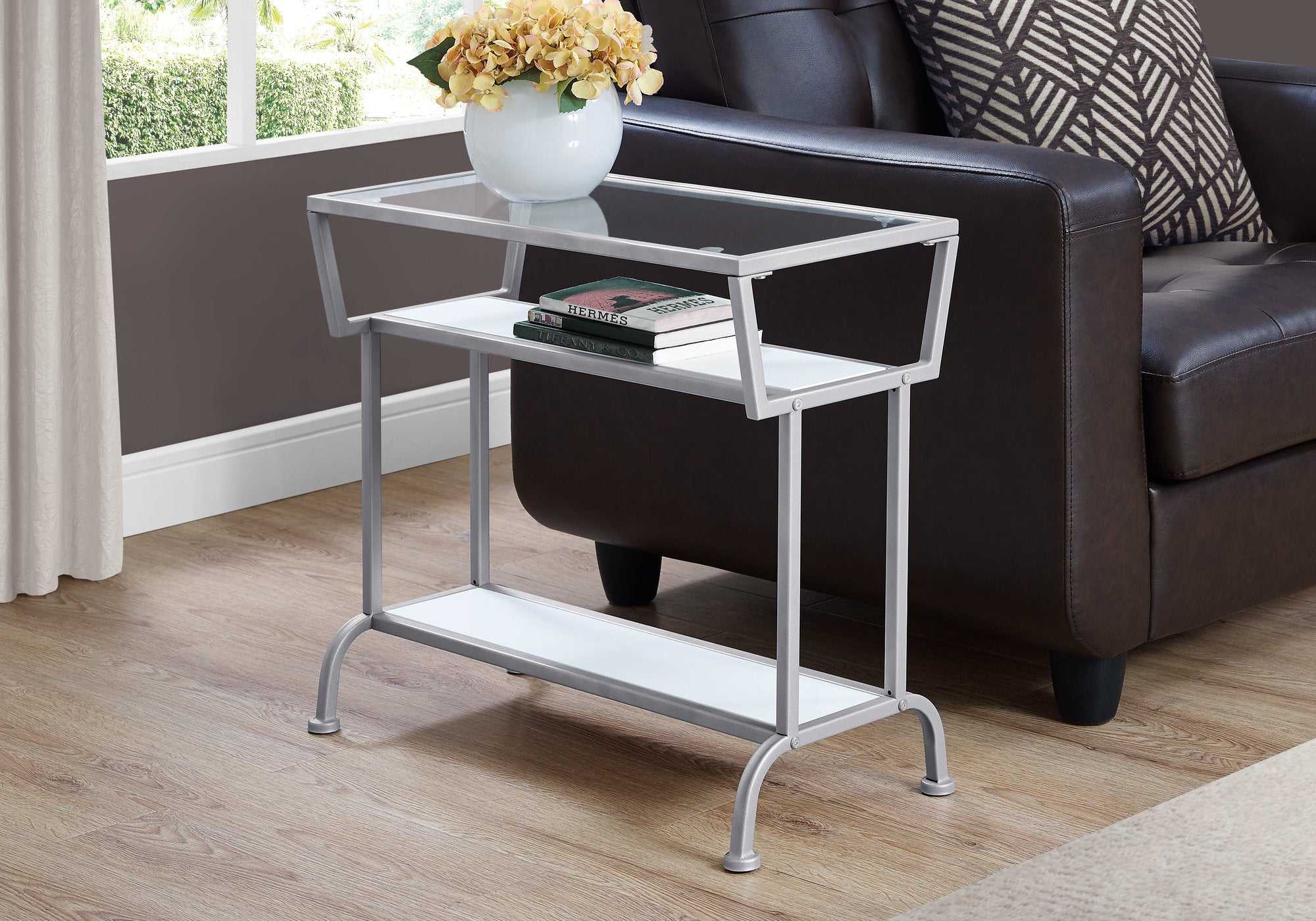 Image of accent table - 22inch h white silver tempered glass  i 2068.