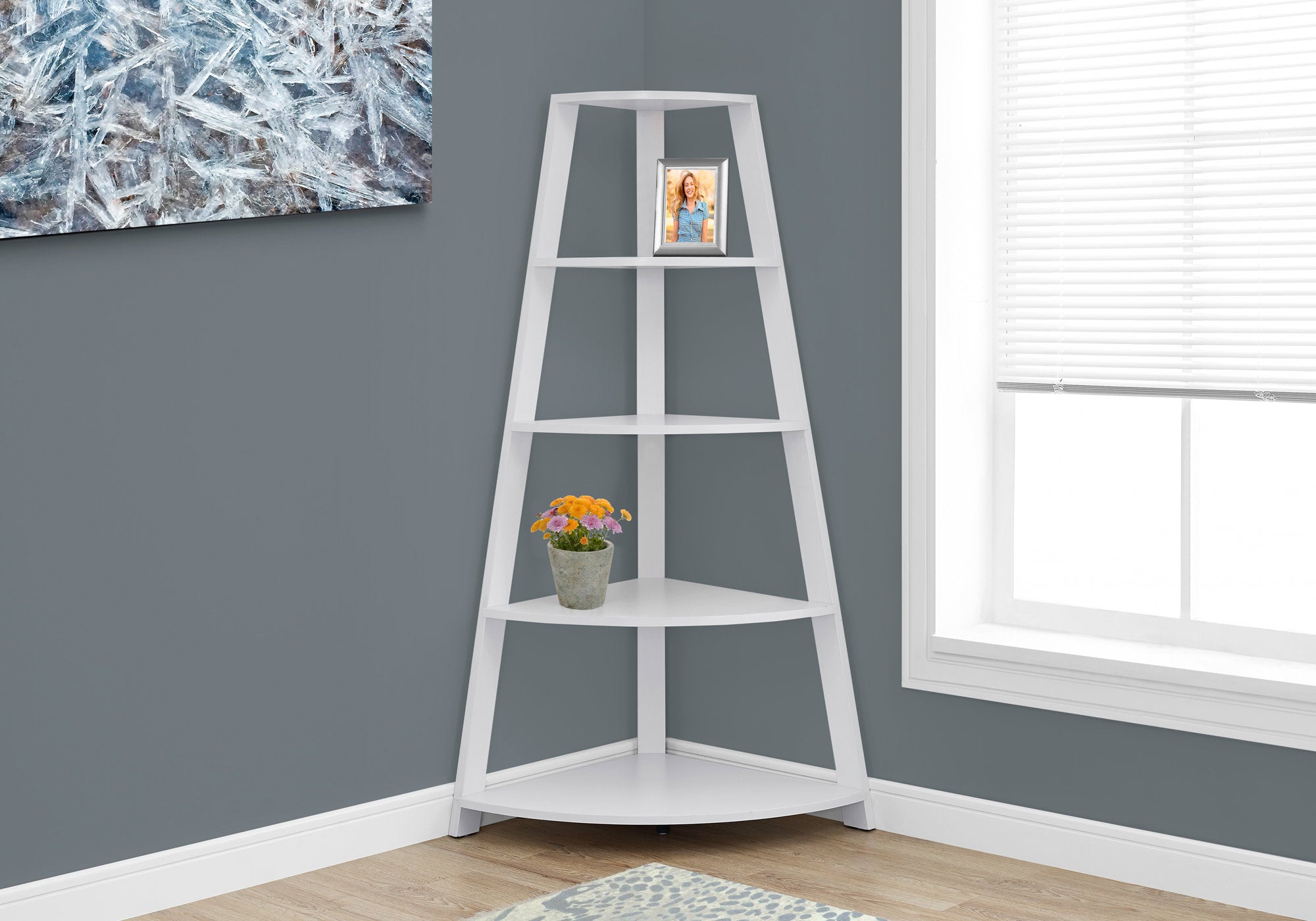 Image of bookcase - 60inch h white corner accent etagere i 2425.