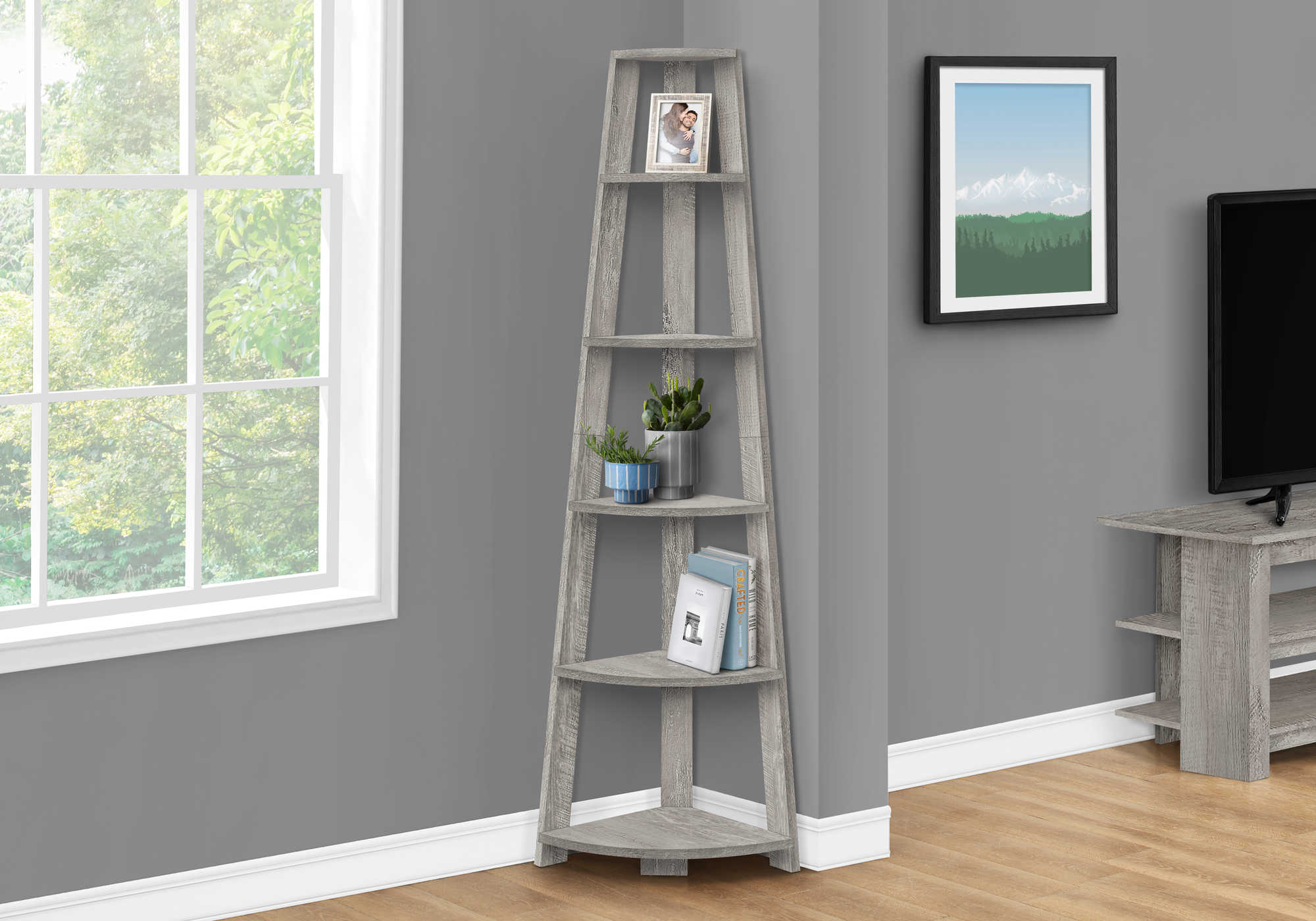 Image of bookcase - 72h industrial grey corner accent etagere i 2433.