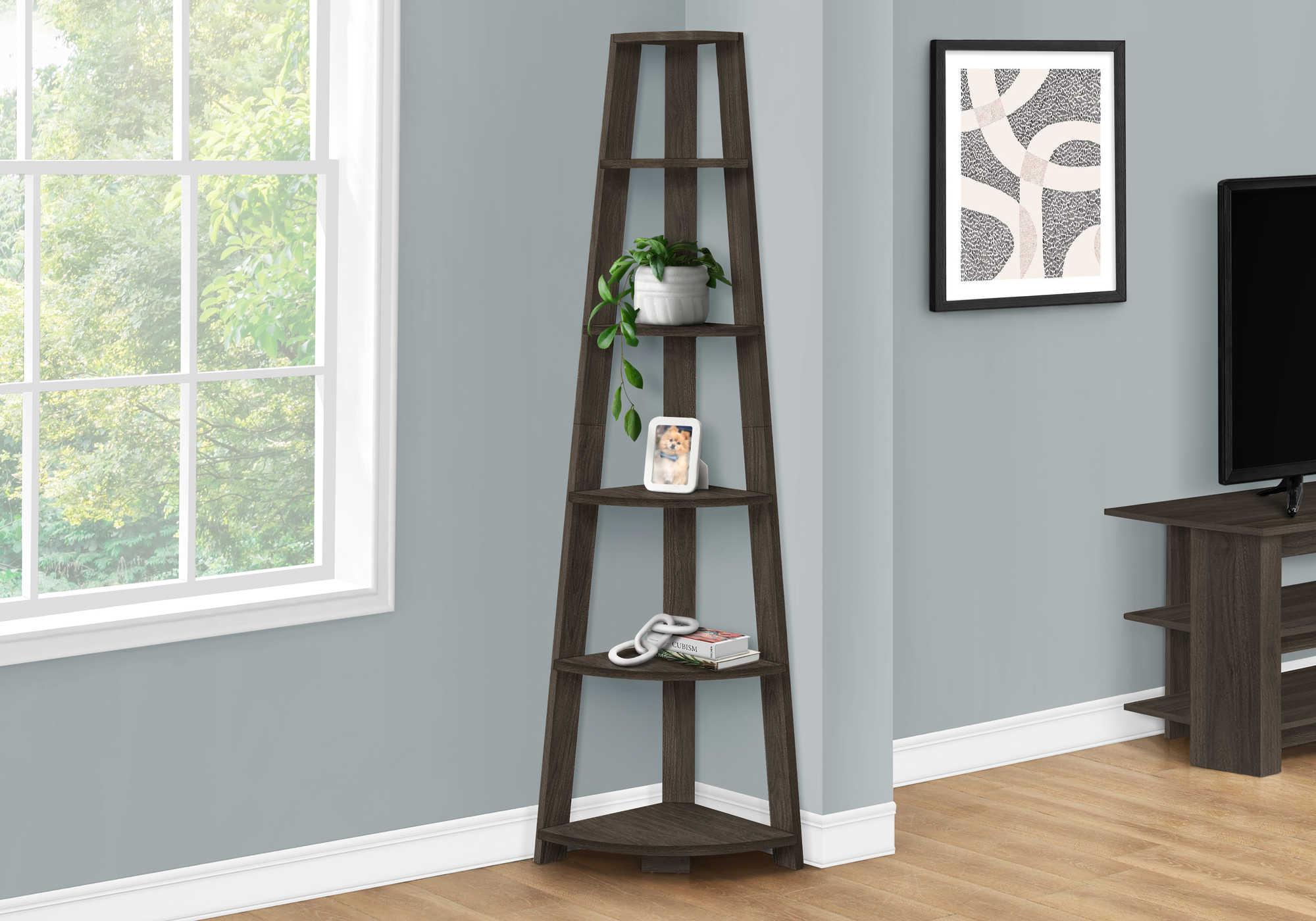 Image of bookcase - 72h brown oak corner accent etagere i 2469.