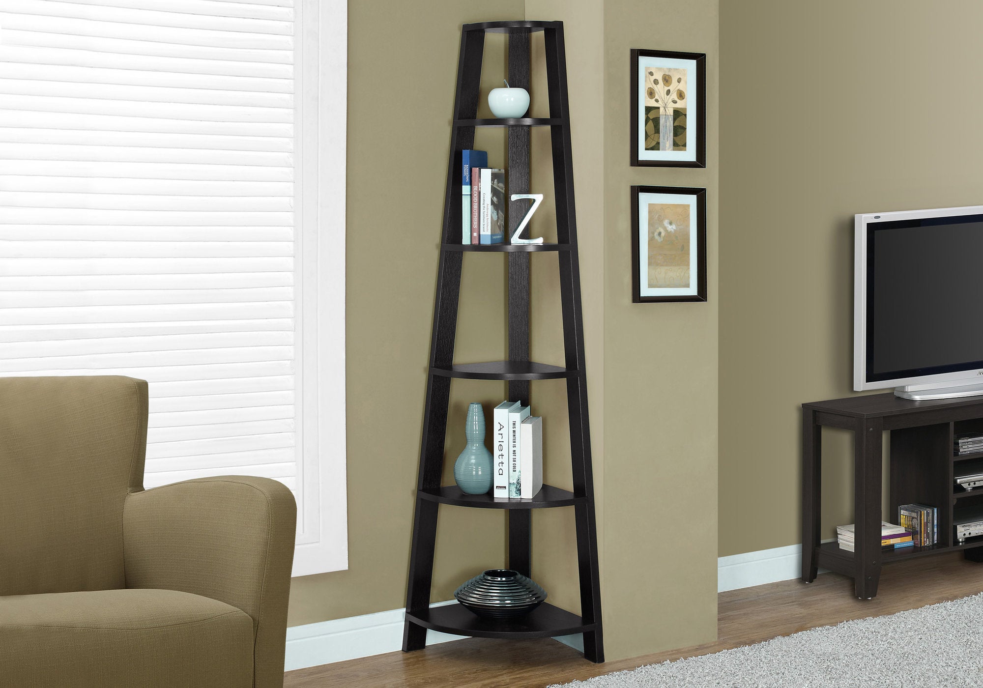 Image of bookcase - 72inch inch h espresso corner accent etagere i 2495.