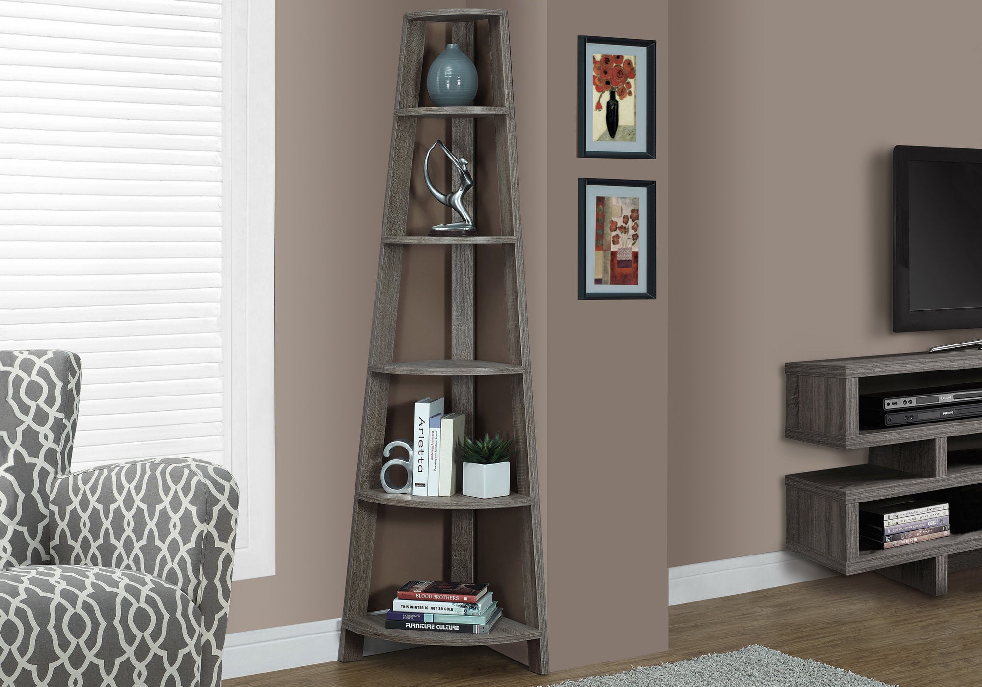 Image of bookcase - 72inch h dark taupe corner accent etagere i 2497.