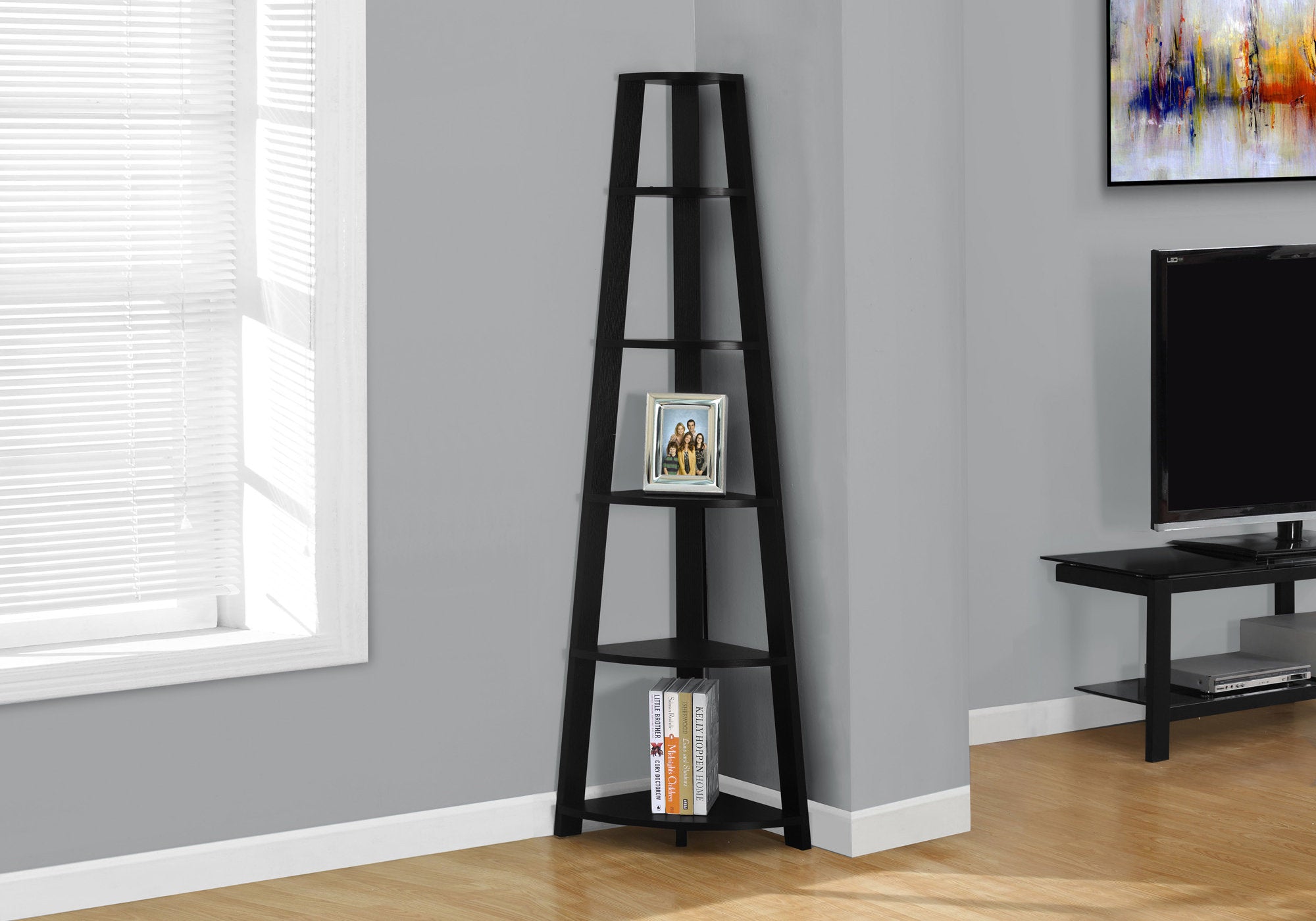 Image of bookcase - 72inch h black corner accent etagere i 2499.