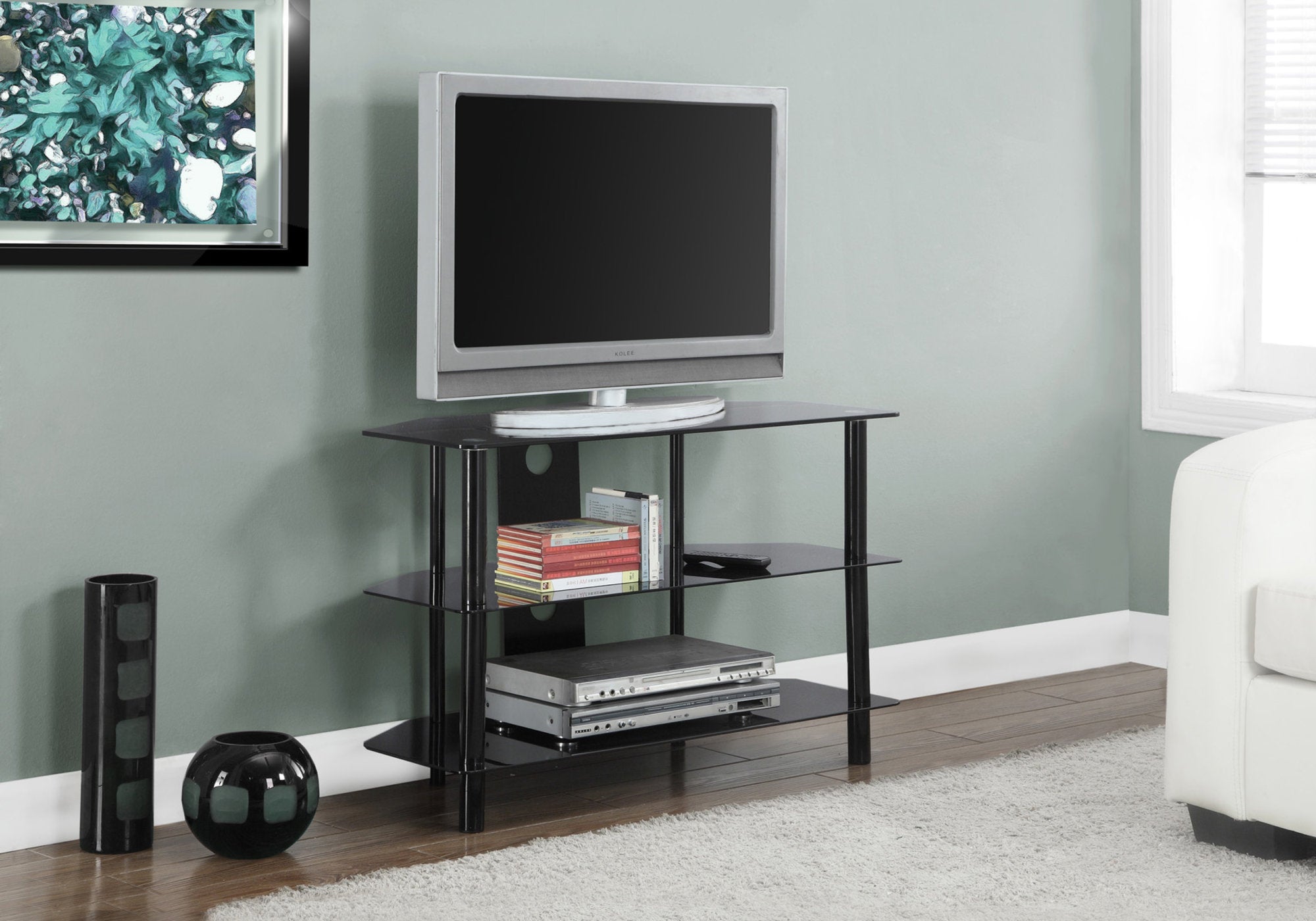 tv stand 36l black metal with tempered black glass i2506