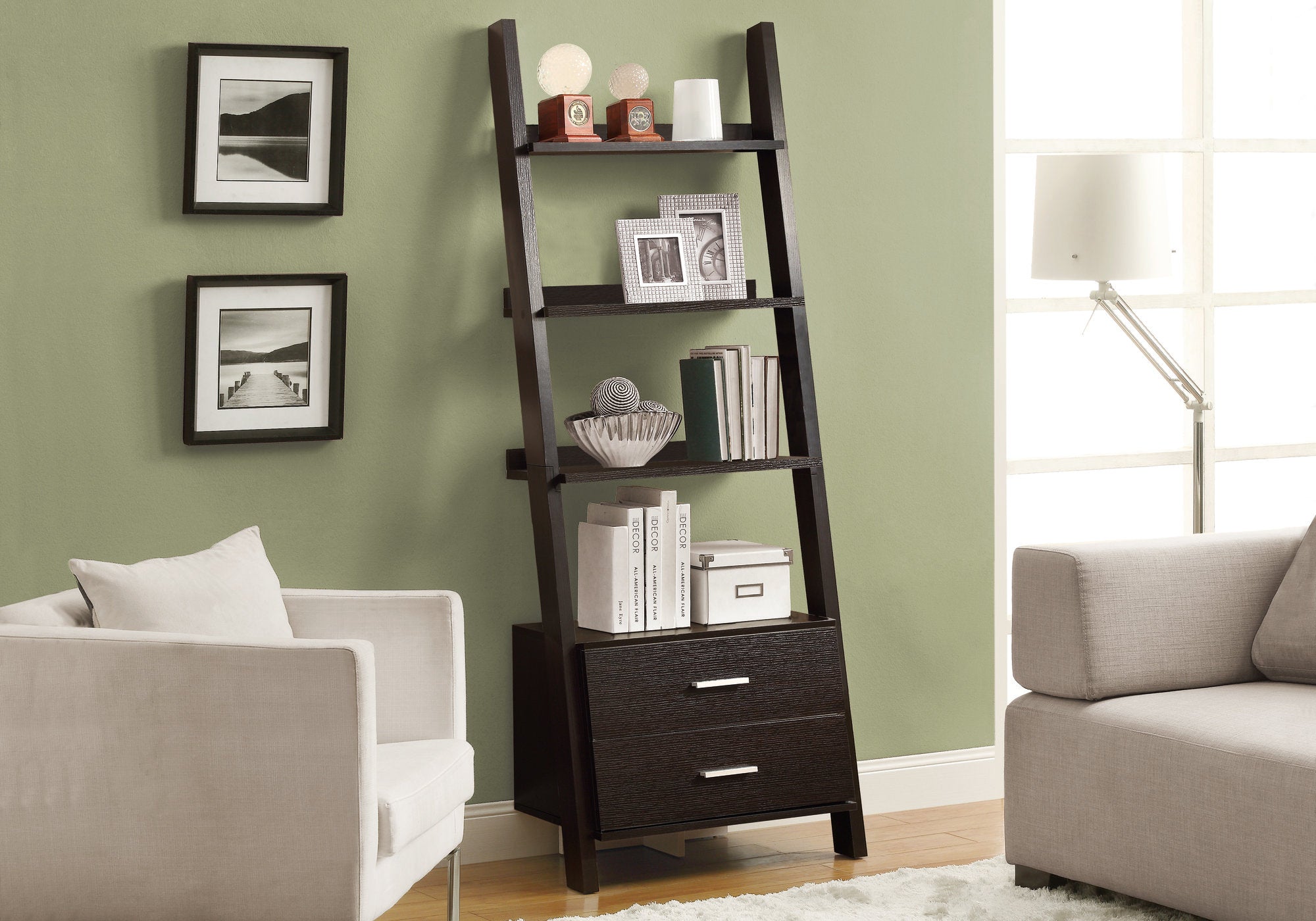 Image of bookcase - 69inch h espresso ladder w/ 2 storage drawers i 2542.