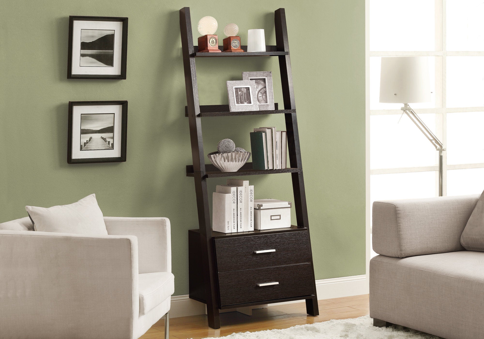bookcase 69h espresso ladder w/ 2 storage drawers i2542
