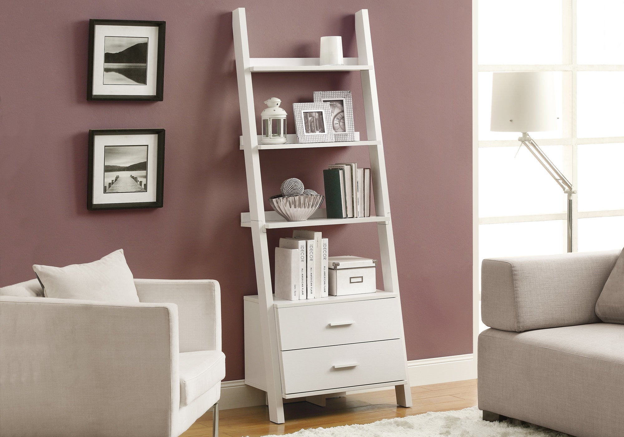 Image of bookcase - 69inch h white ladder with 2 storage drawers i 2562.