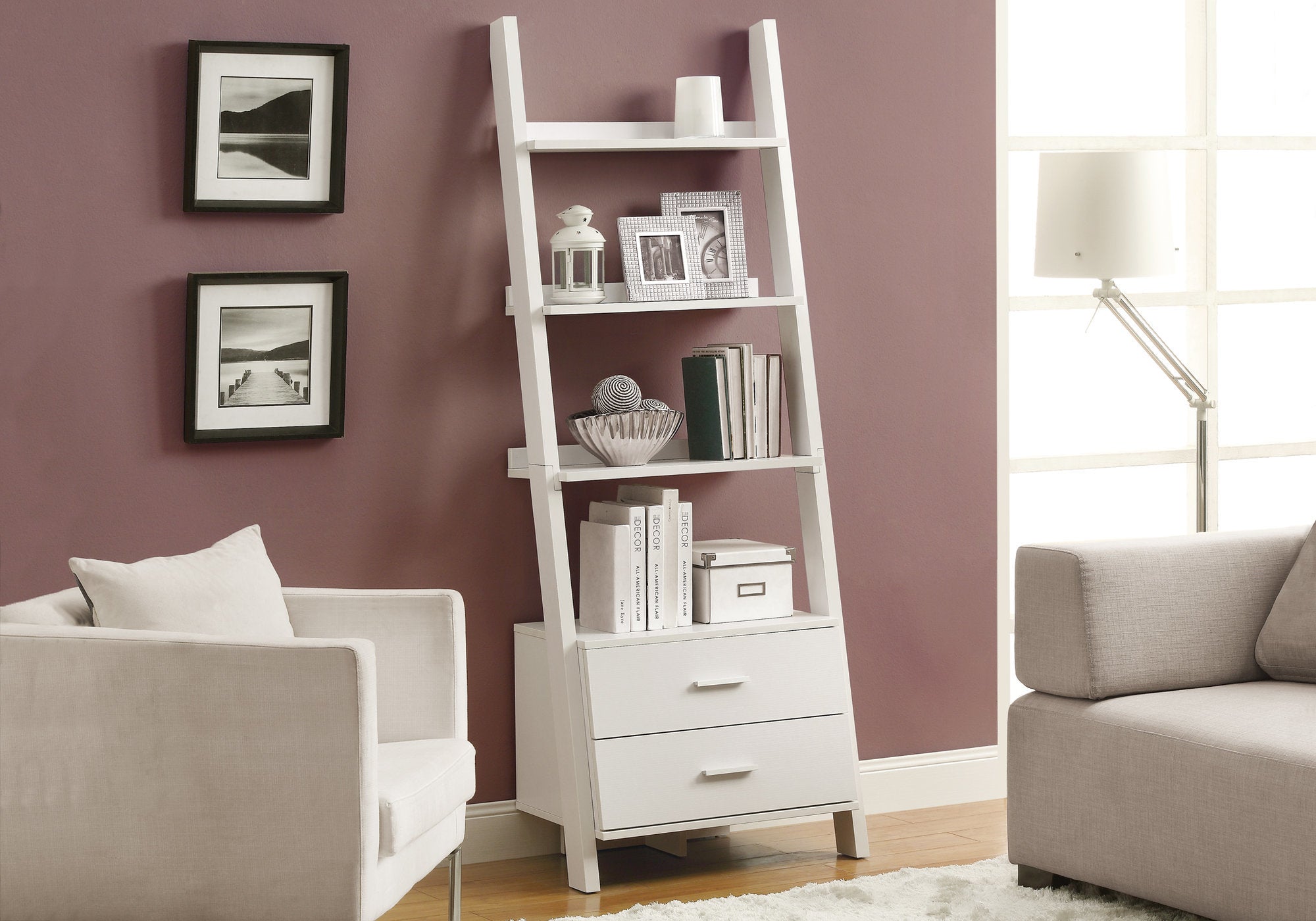 bookcase 69h white ladder with 2 storage drawers i2562