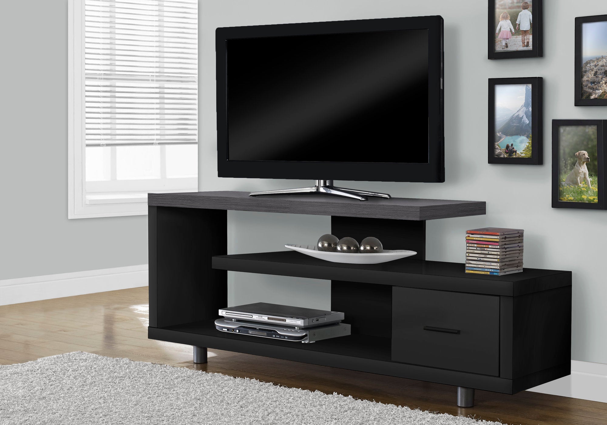 Image of tv stand - 60inch l black grey top with 1 drawer  i 2575.