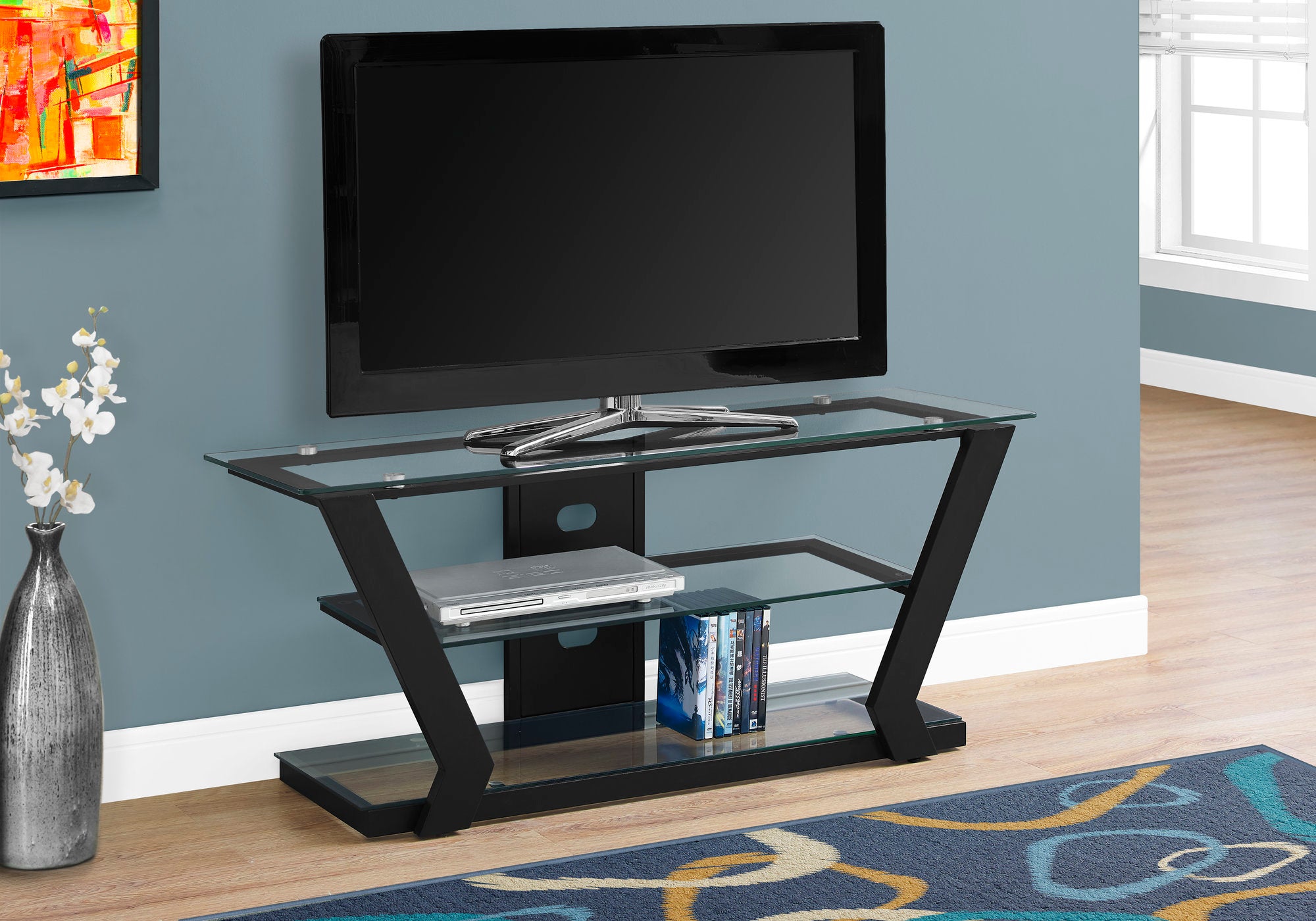 tv stand 48l black metal with tempered glass i2588