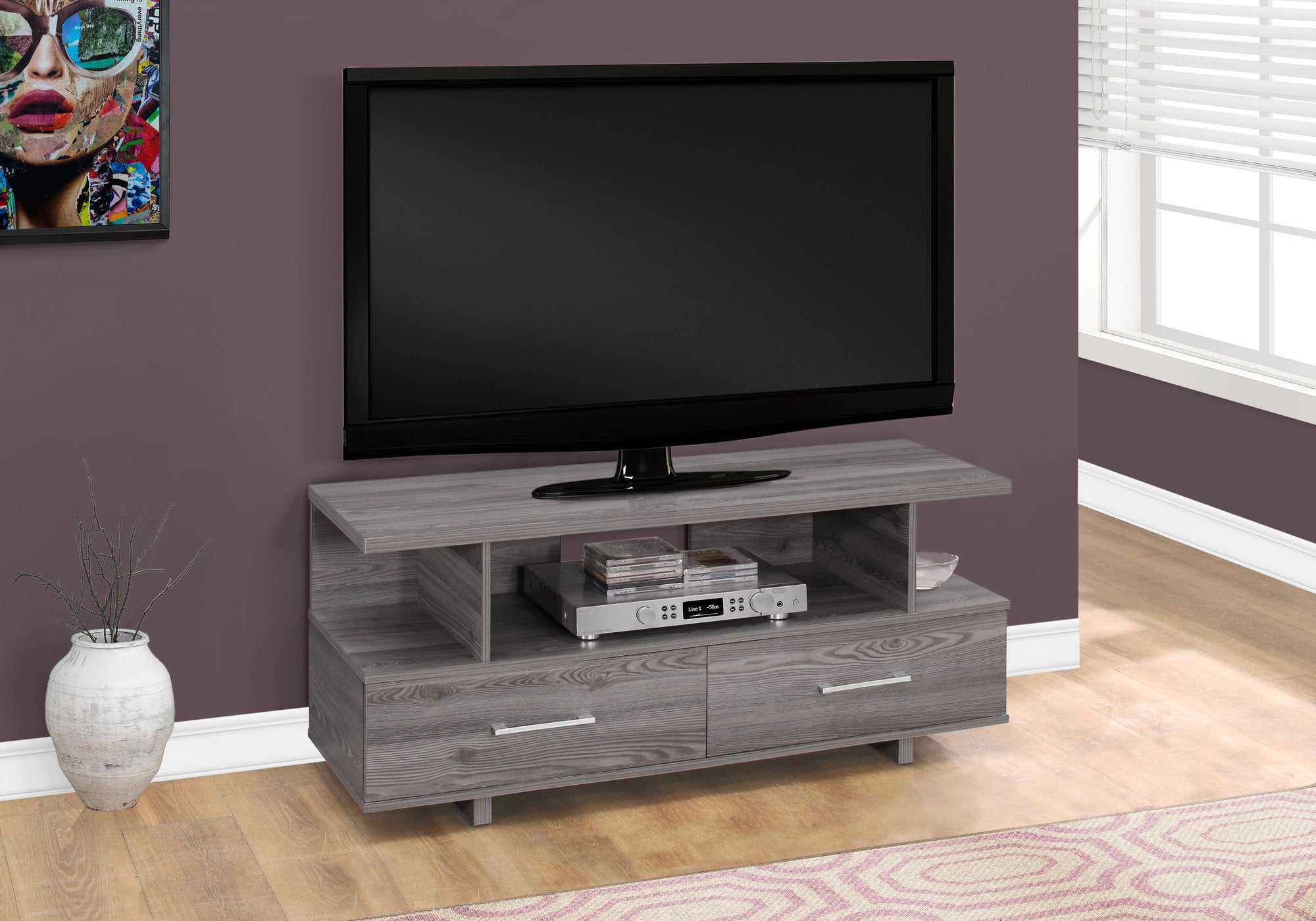tv stand 48l grey with 2 storage drawers i2608