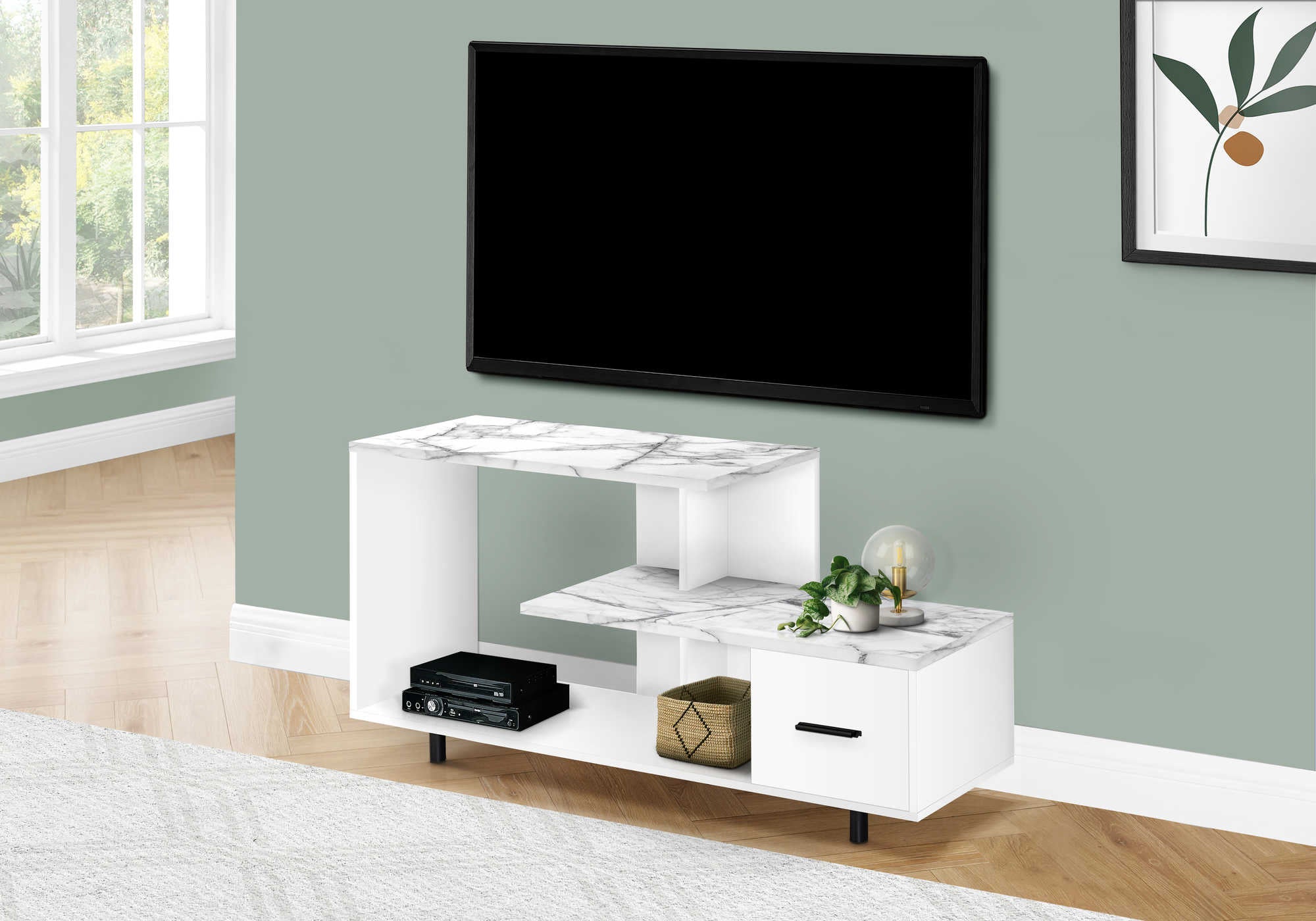 Image of tv stand - 48l  white  white marble top  1 drawer i 2609.