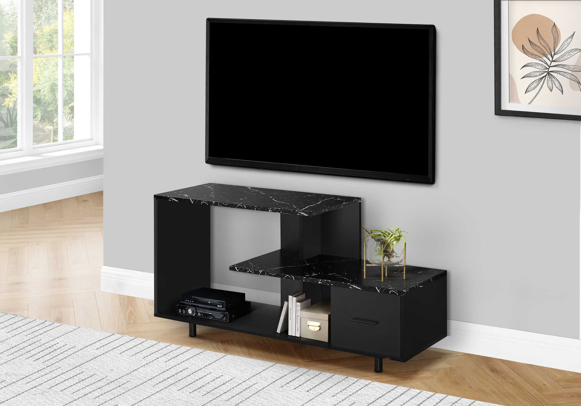 Image of tv stand - 48l  black  black marble top  1 drawer i 2610.