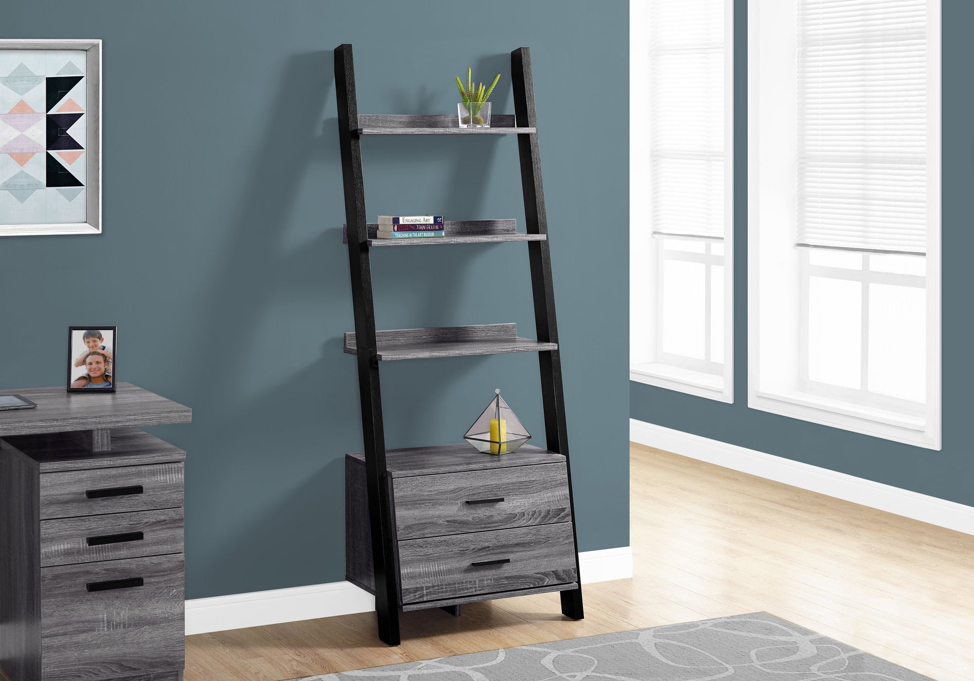 bookcase 69h grey black ladder with 2 storage drawer i2755