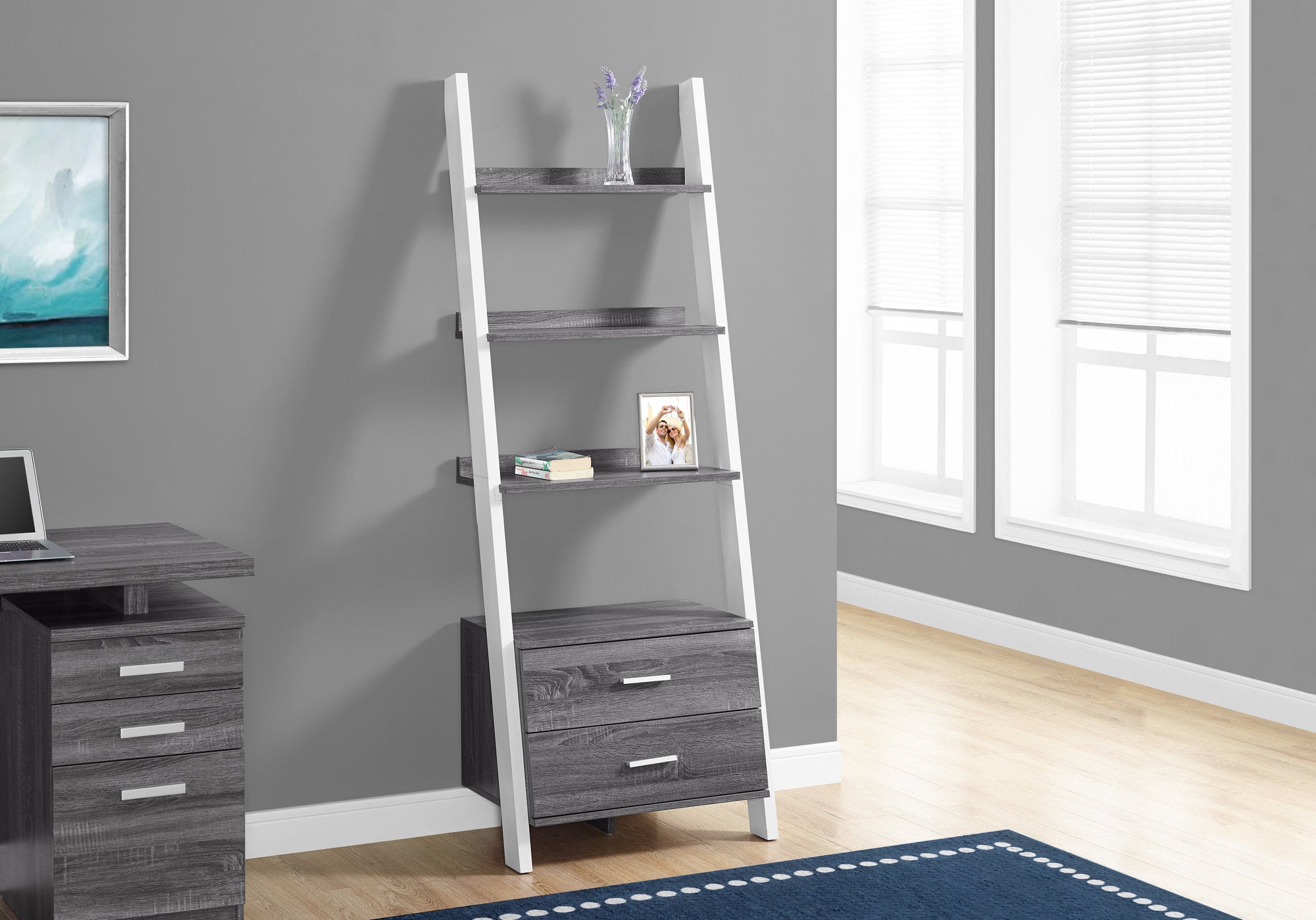 Image of bookcase - 69inch h grey-white ladder with 2 storage drawer i 2756.