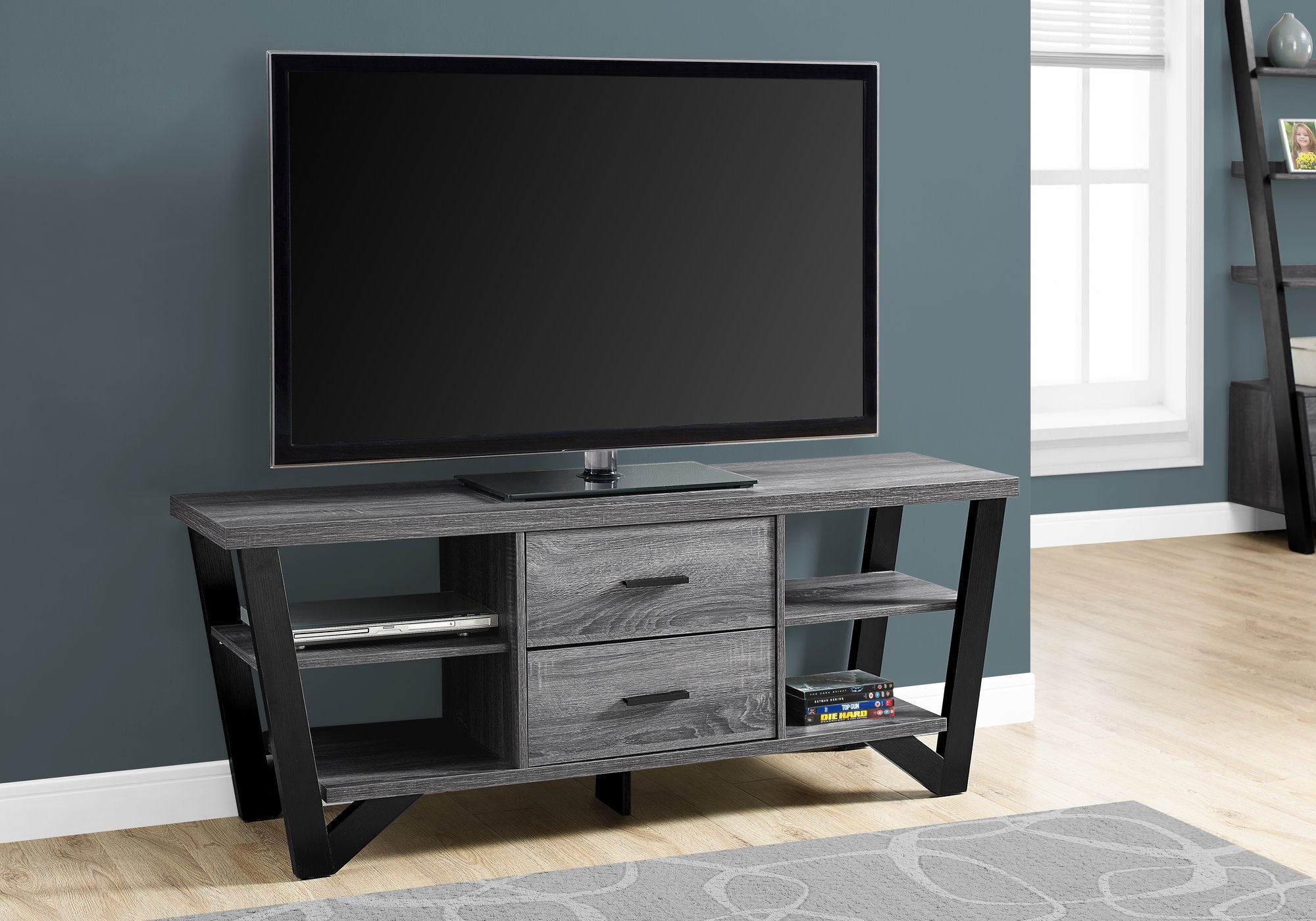 Image of tv stand - 60inch l grey-black with 2 storage drawers  i 2762.