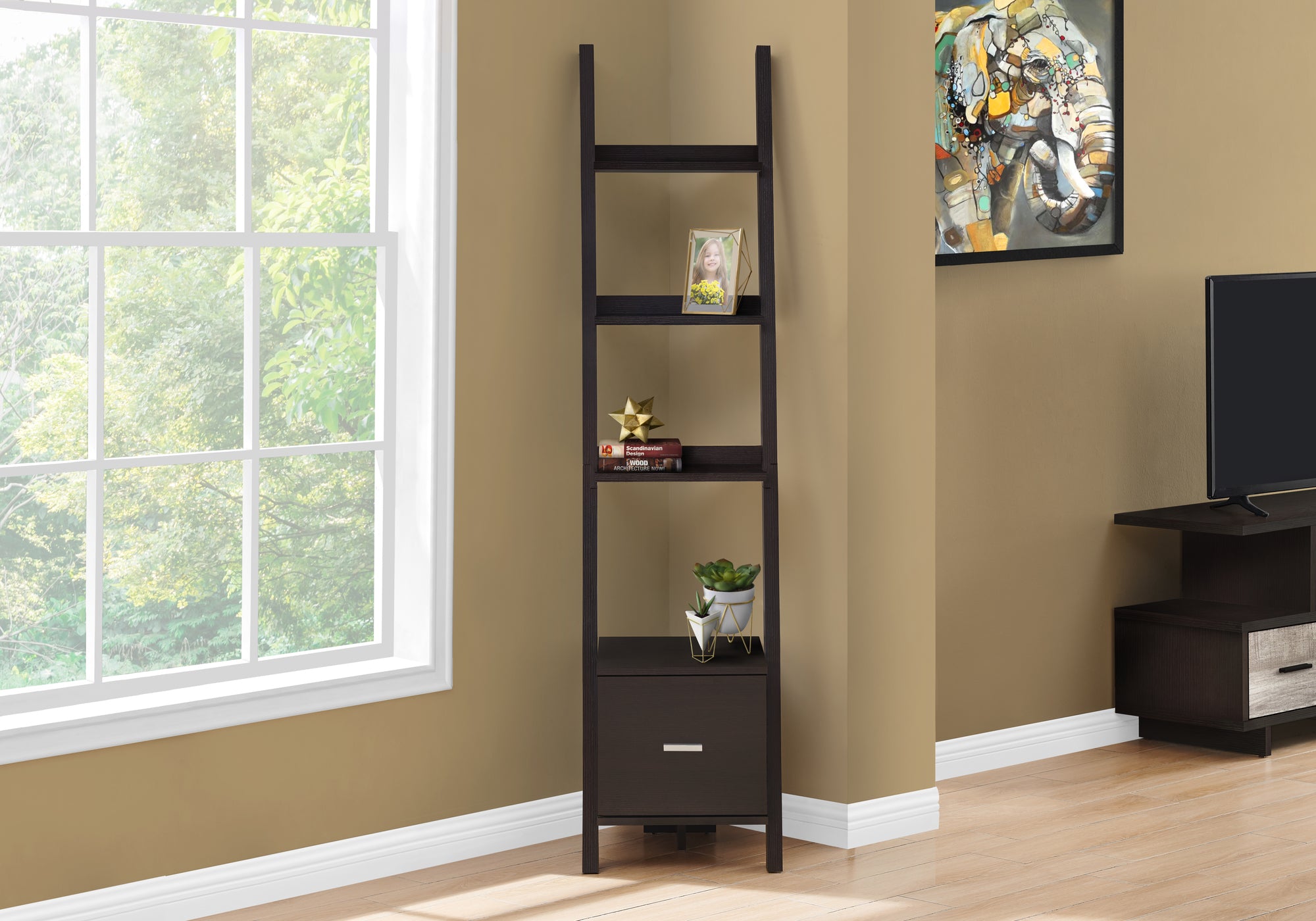 Image of bookcase - 69inch h espresso corner etagere w/ drawer i 2765.