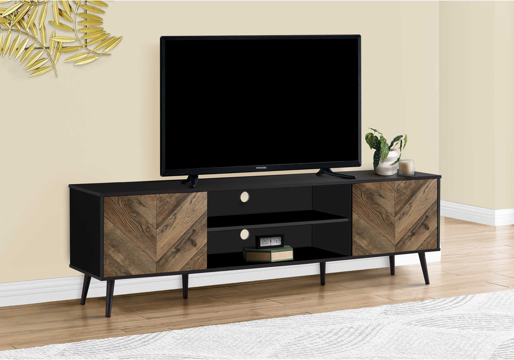 Image of tv stand - 72l  black with 2 wood-look doors i 2781.