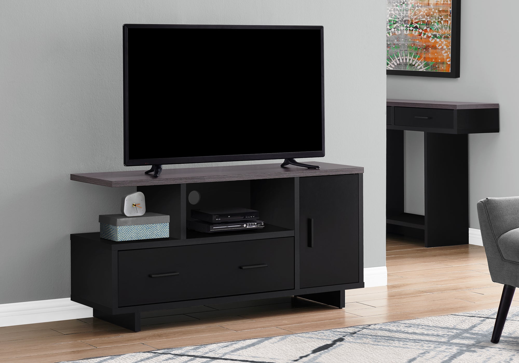 Image of tv stand - 48inch l black grey top with storage  i 2801.