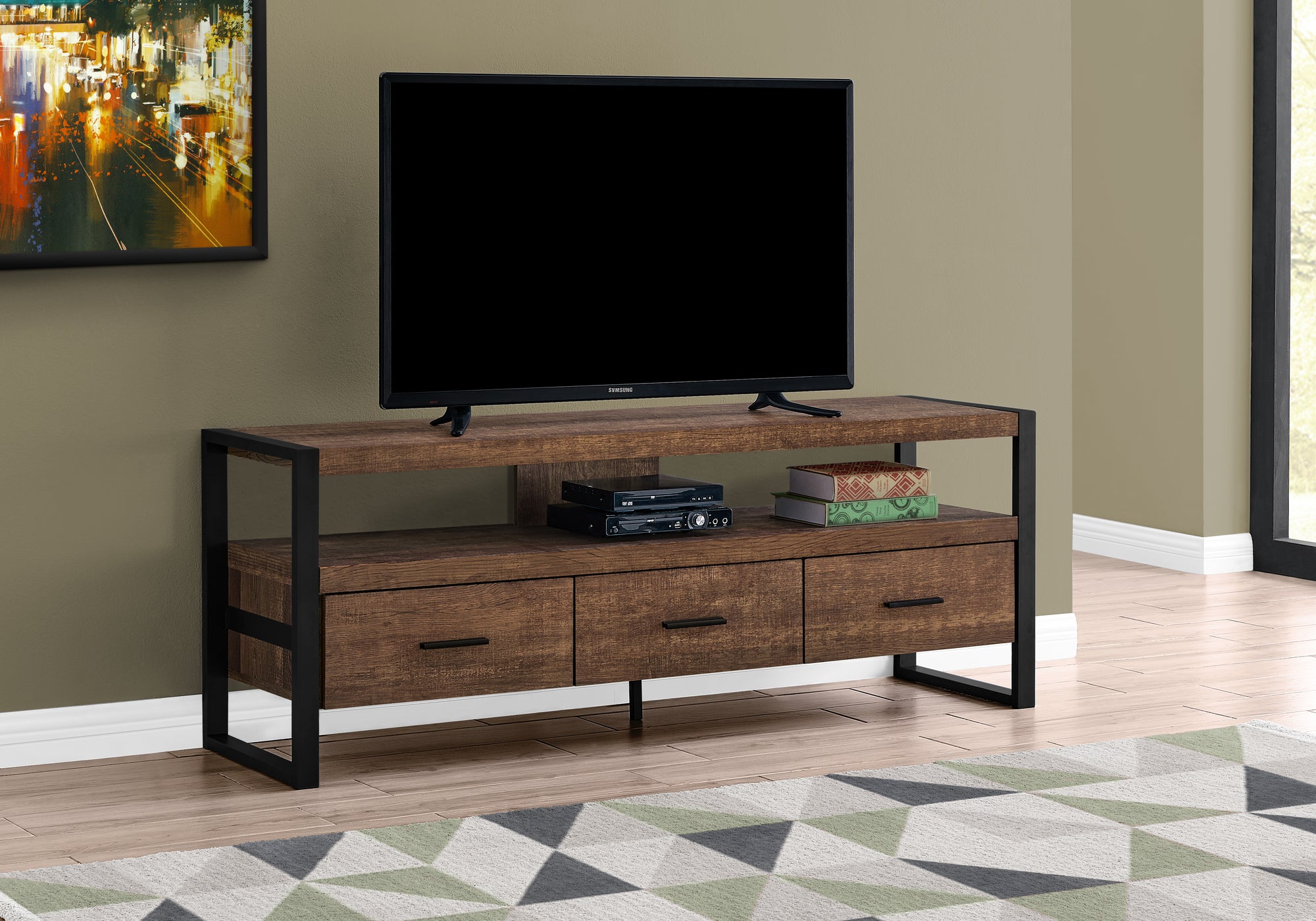 Image of tv stand - 60inch l brown reclaimed wood-look 3 drawers  i 2820.