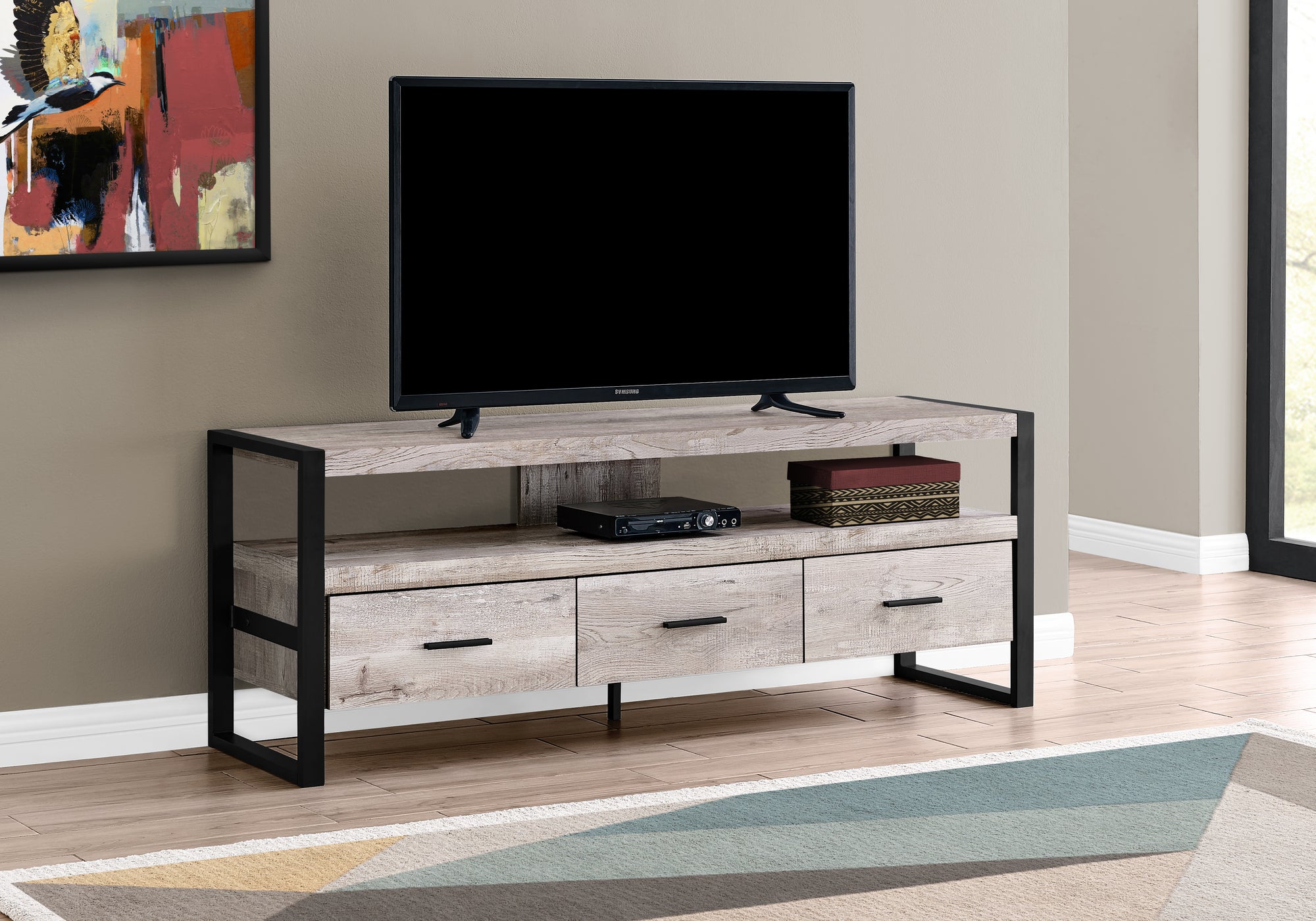 Image of tv stand - 60inch l taupe reclaimed wood-look 3 drawers  i 2822.