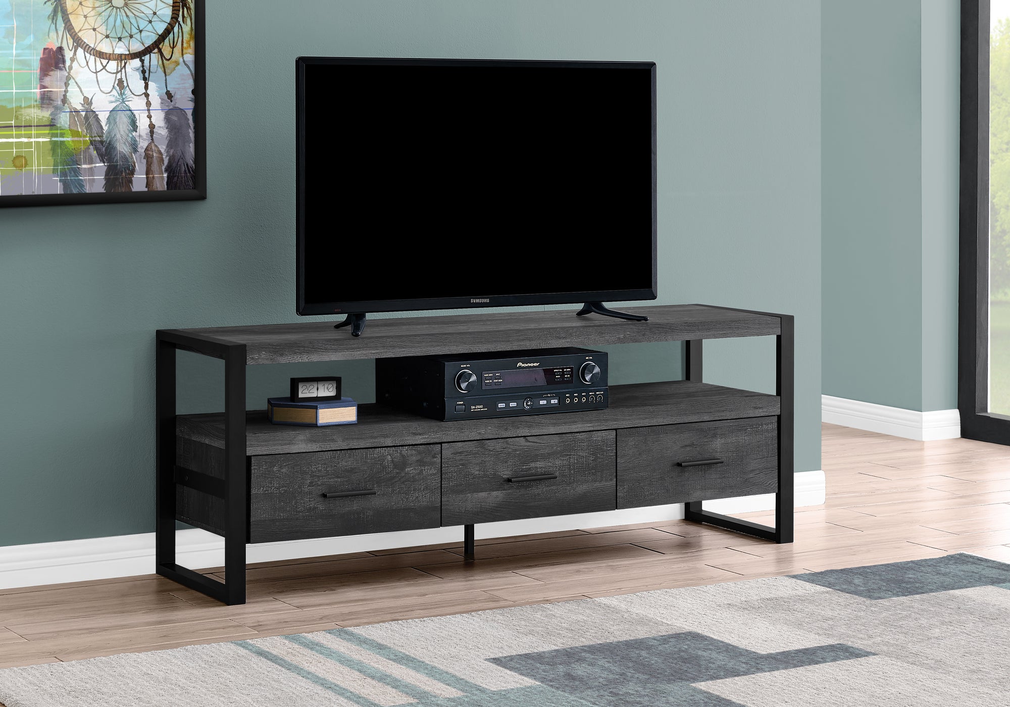 Image of tv stand - 60inch l black reclaimed wood-look 3 drawers  i 2823.