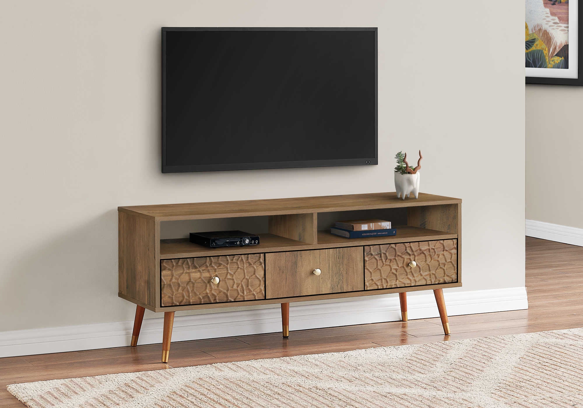 Image of tv stand - 48l  walnut mid-century with 3 drawers i 2835.