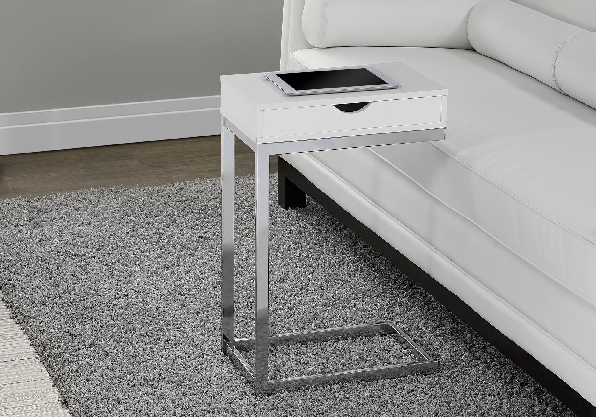 Image of accent table - chrome metal glossy white with a drawer  i 3031.