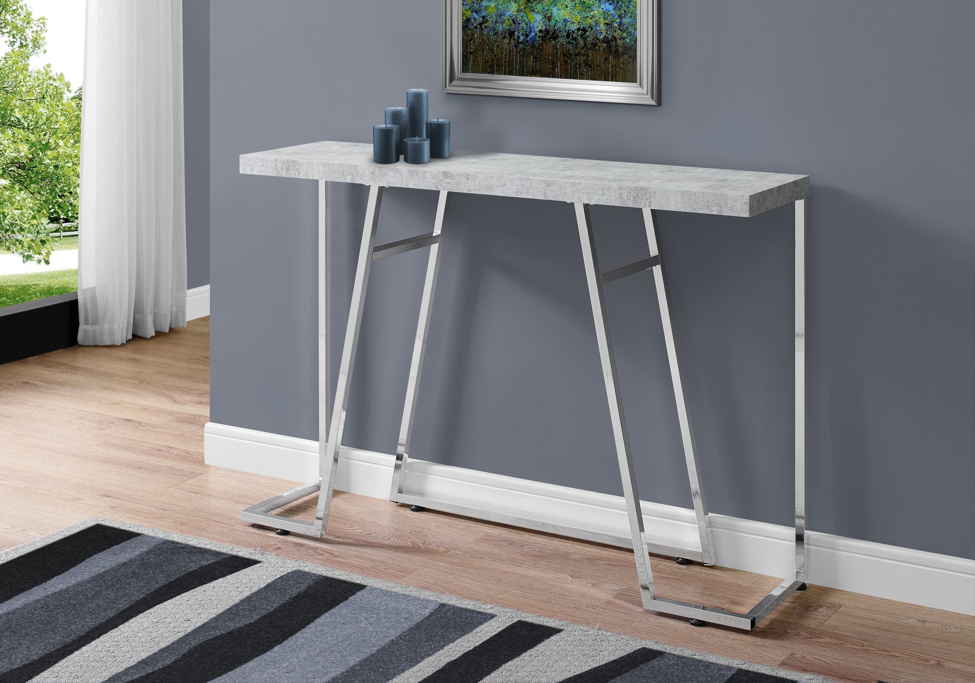 accent table 48l grey cement chrome metal i3168