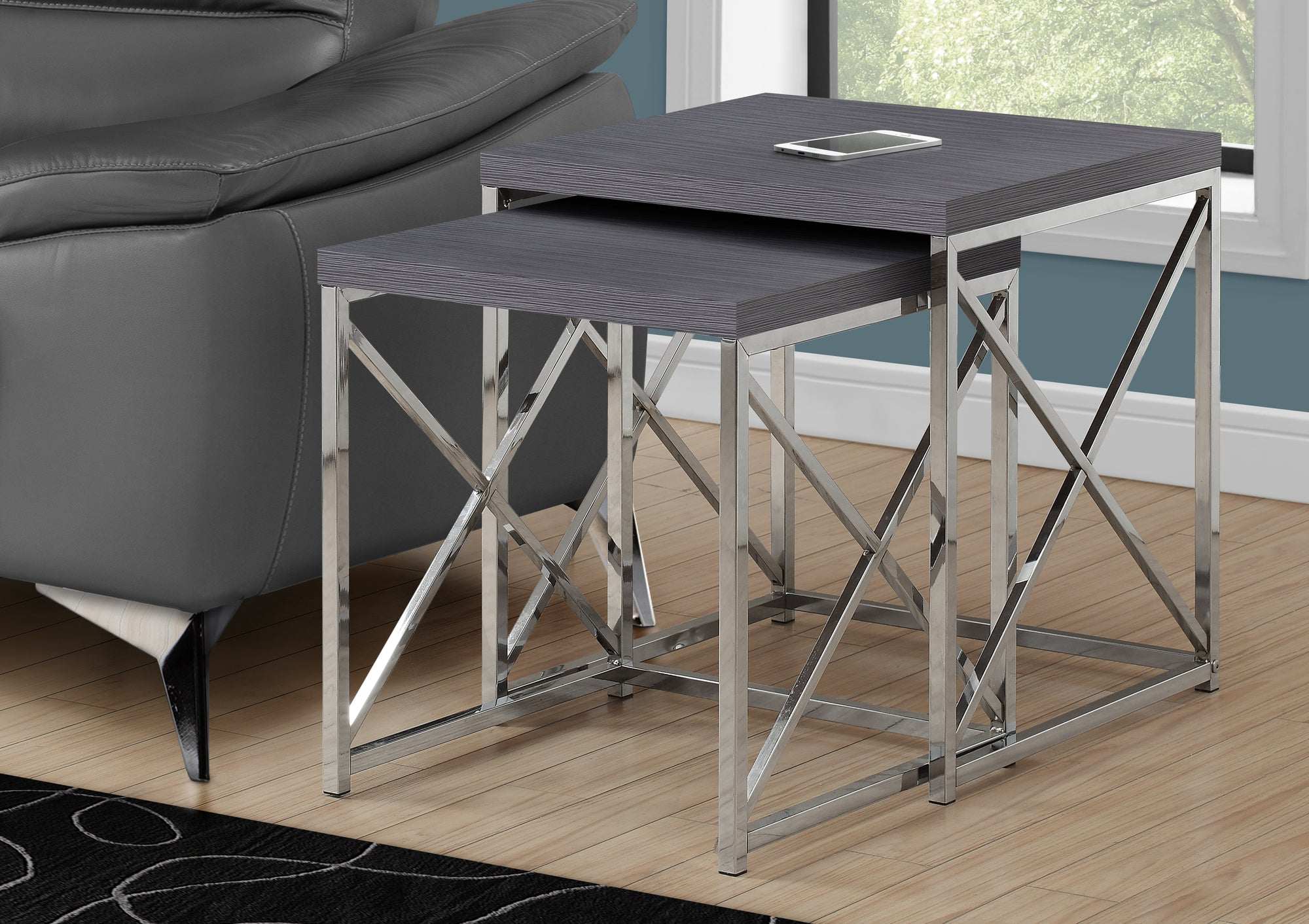 nesting table 2pcs set grey with chrome metal i3226