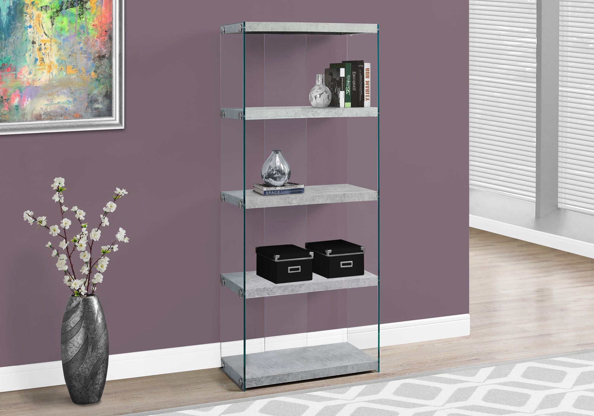 bookcase 60h grey cement with tempered glass i3233
