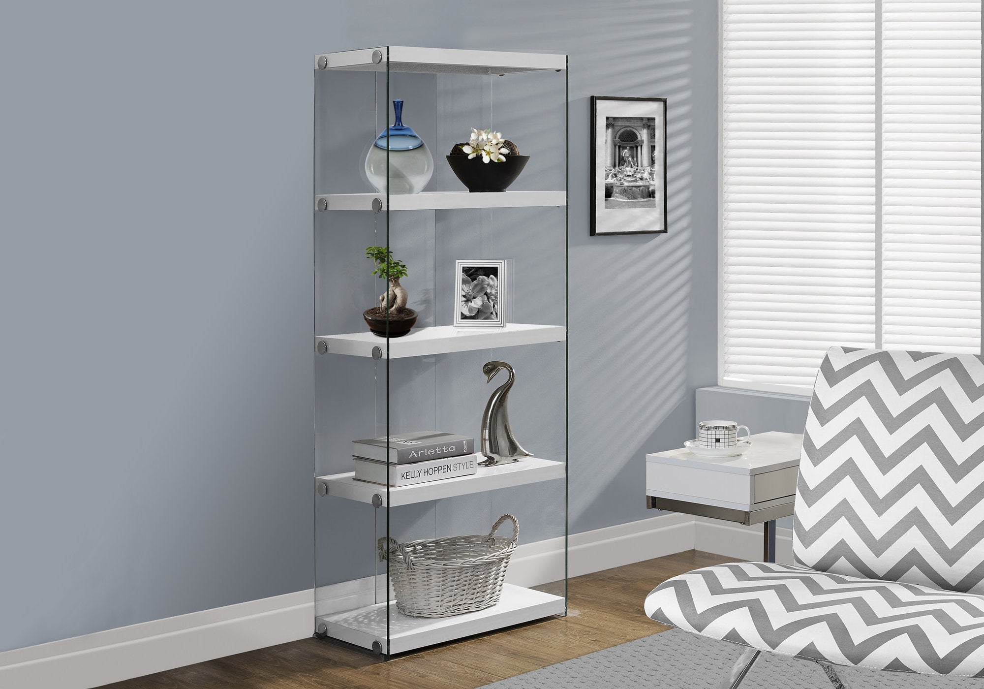 bookcase 60h glossy white with tempered glass i3289