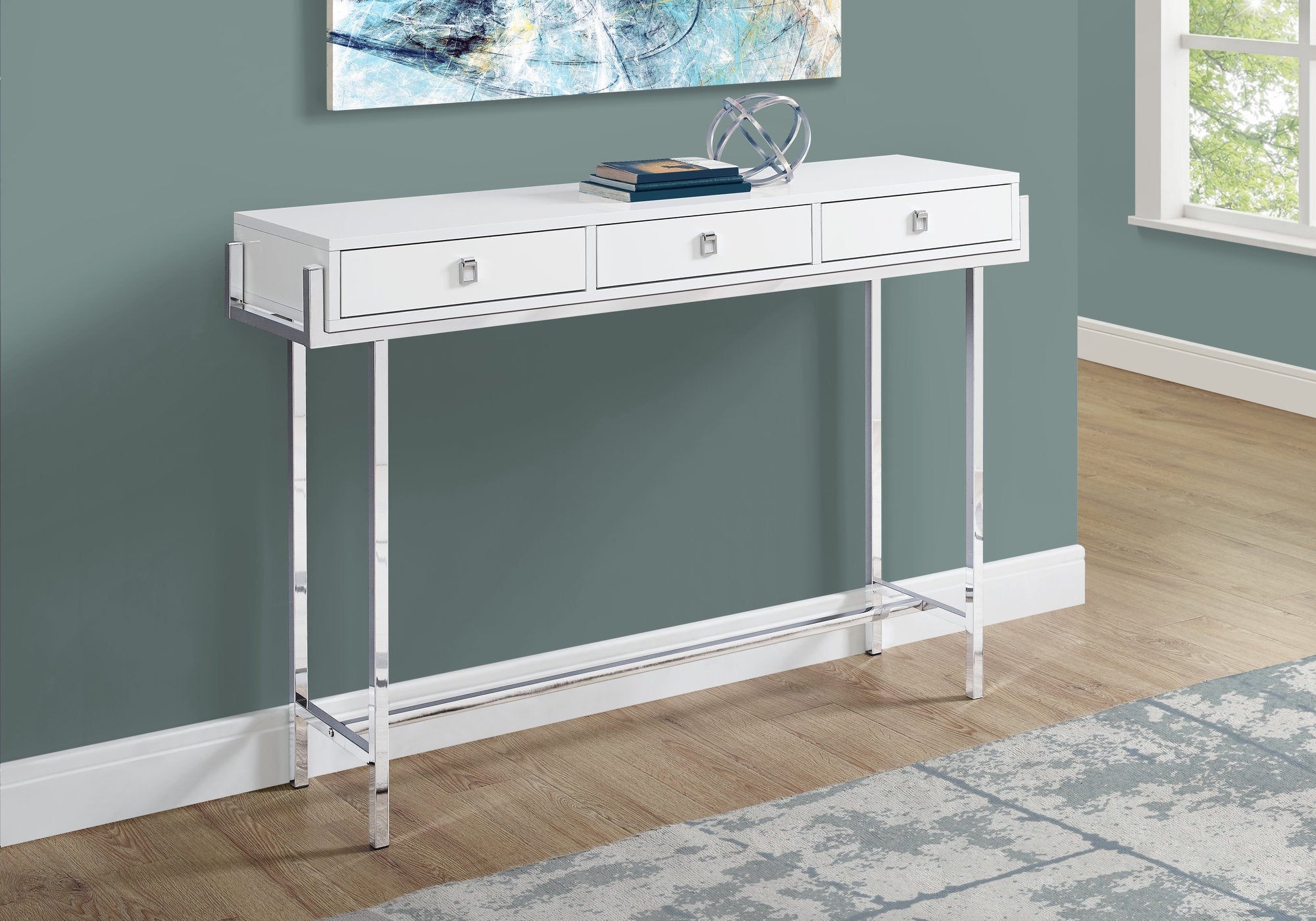 accent table 48l glossy white chrome metal i3297