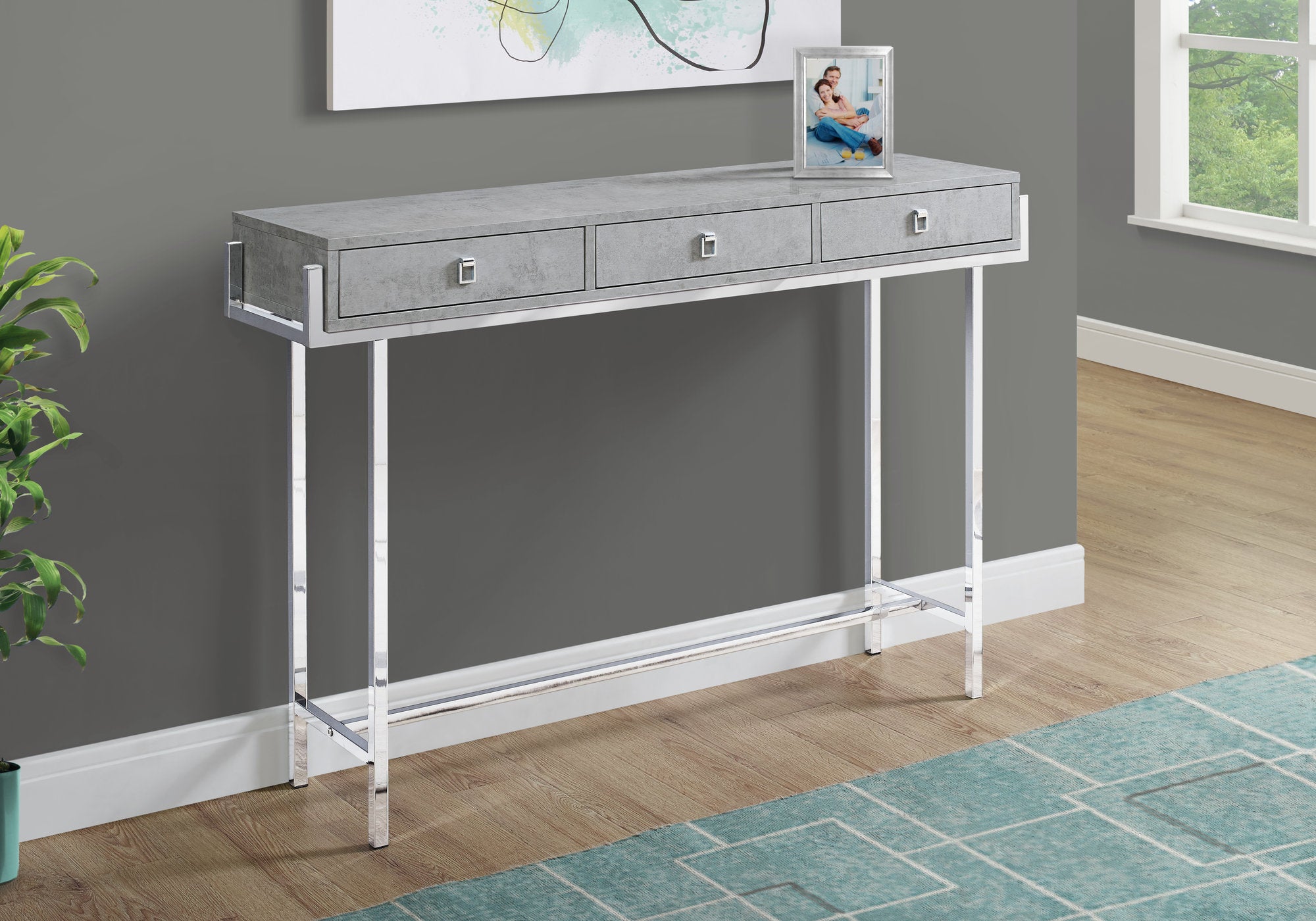 accent table 48l grey cement chrome metal i3298