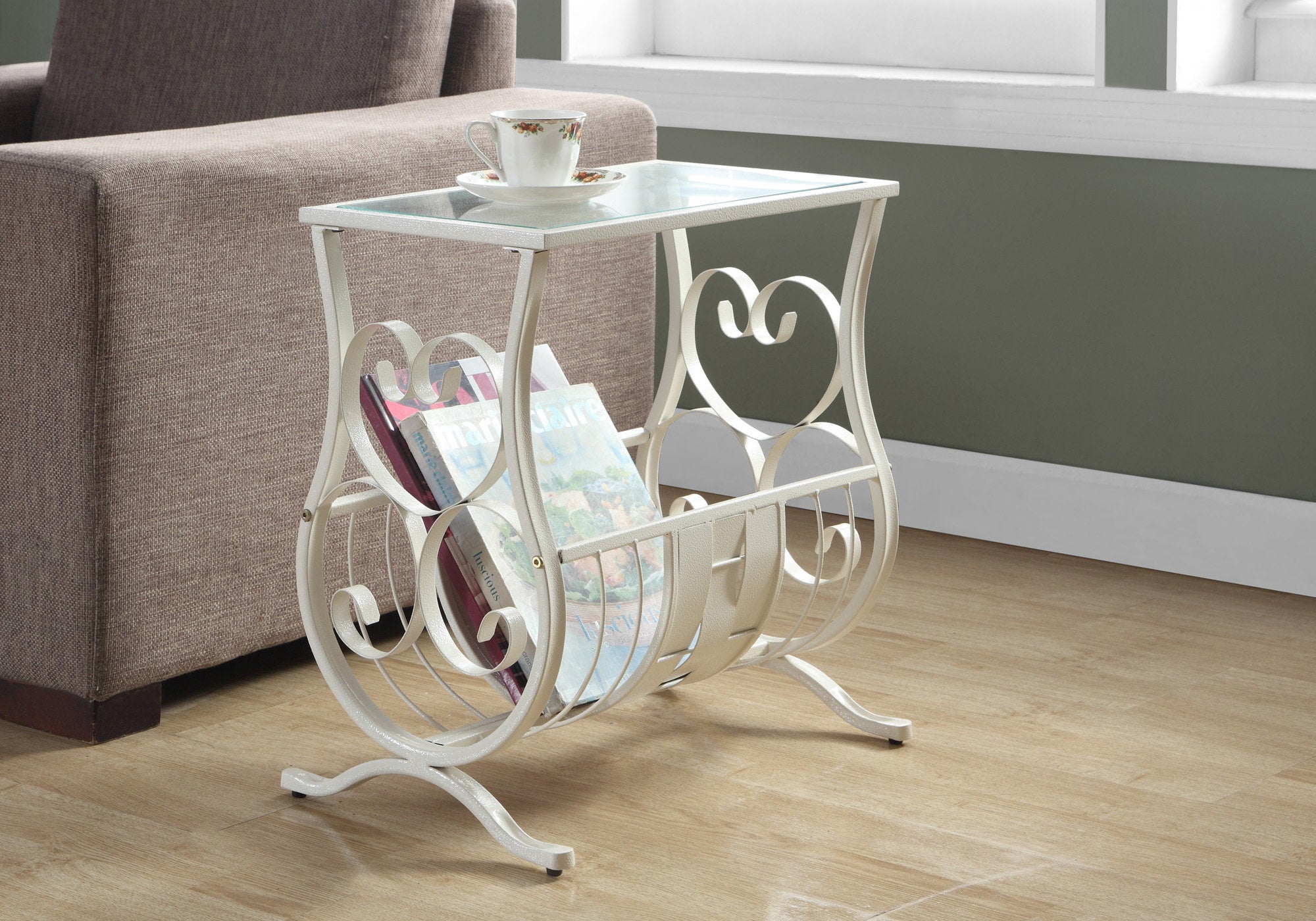 Image of accent table - antique white metal with tempered glass  i 3312.