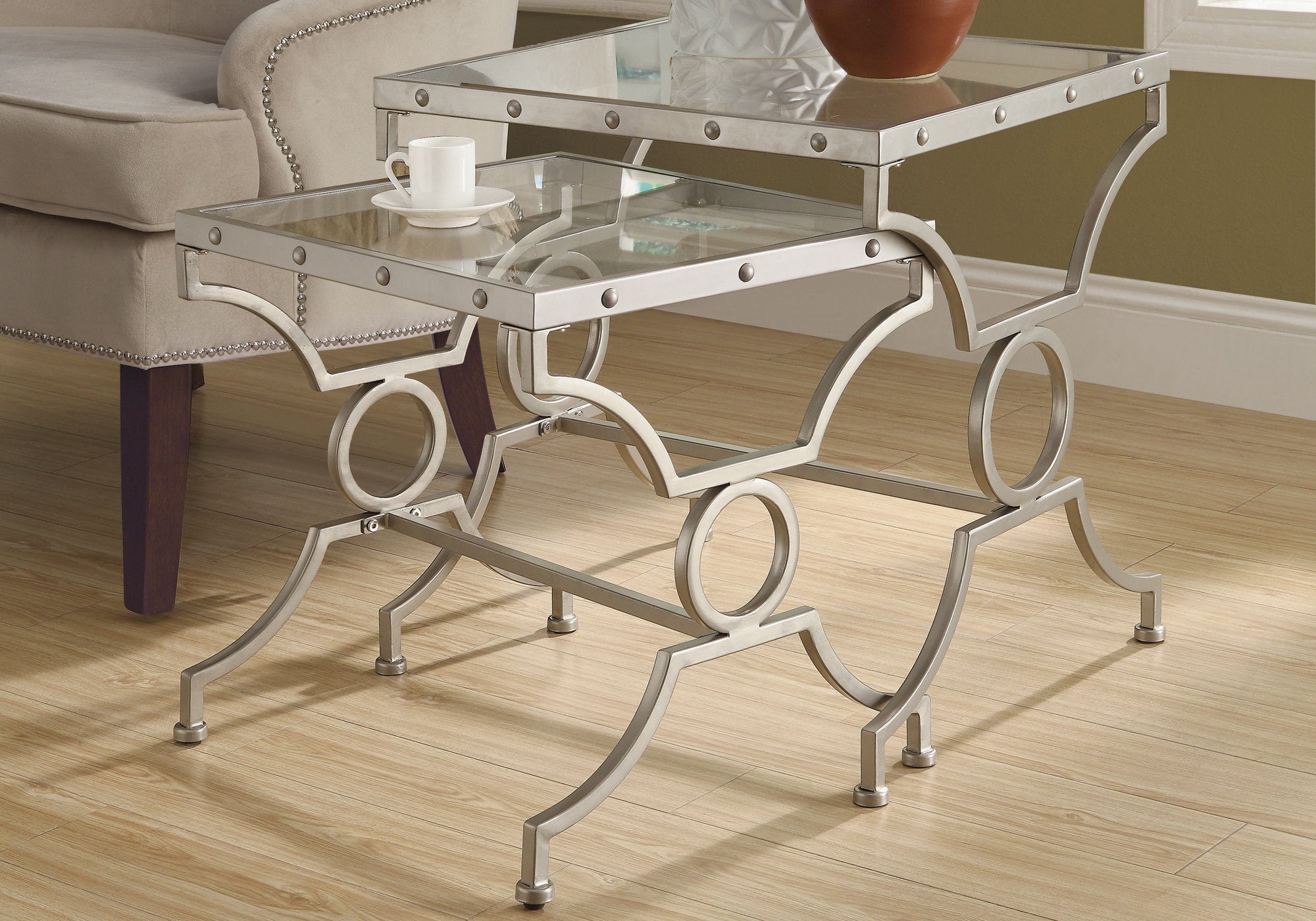 nesting table 2pcs set silver with tempered glass i3321