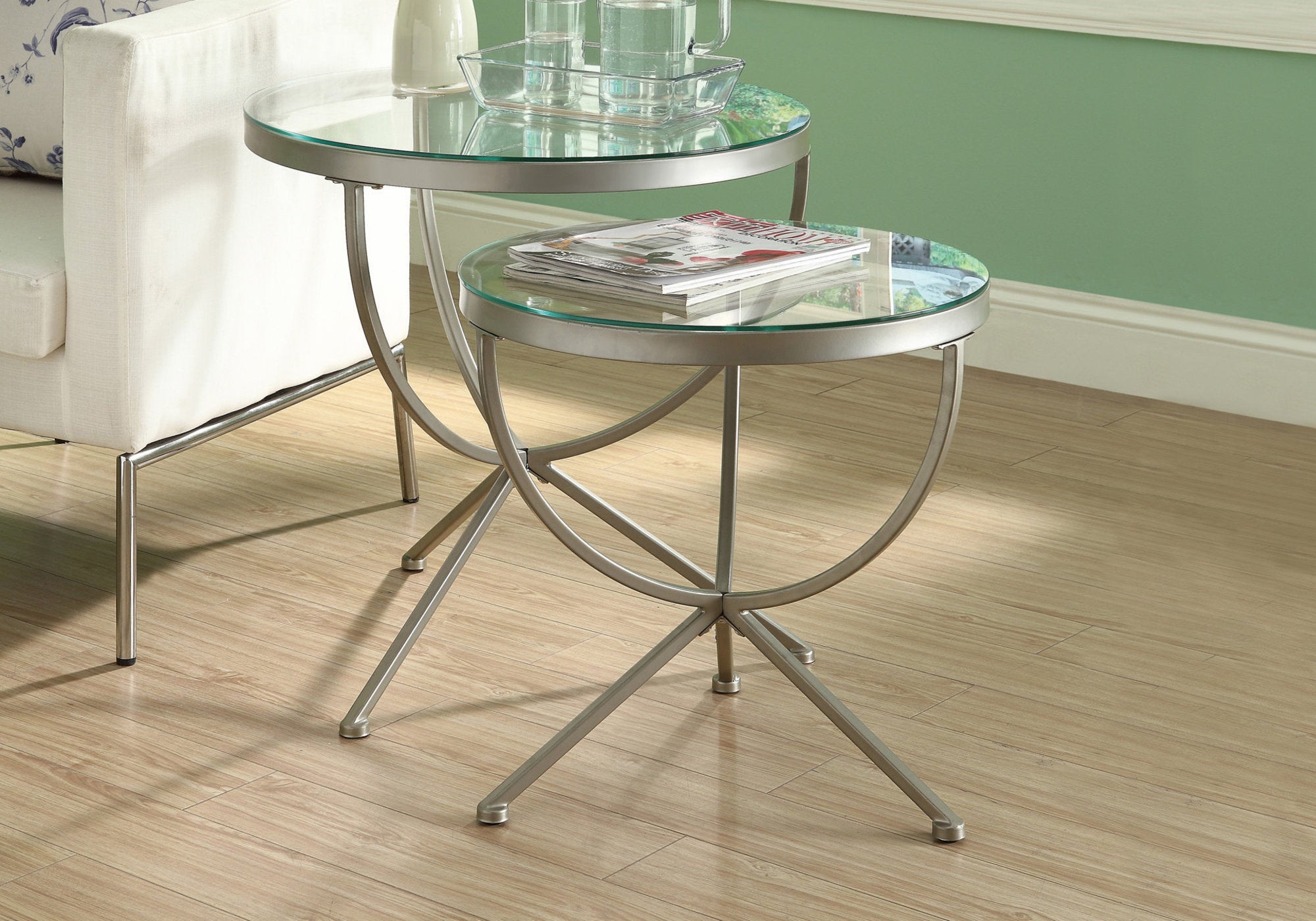 nesting table 2pcs set silver with tempered glass i3322