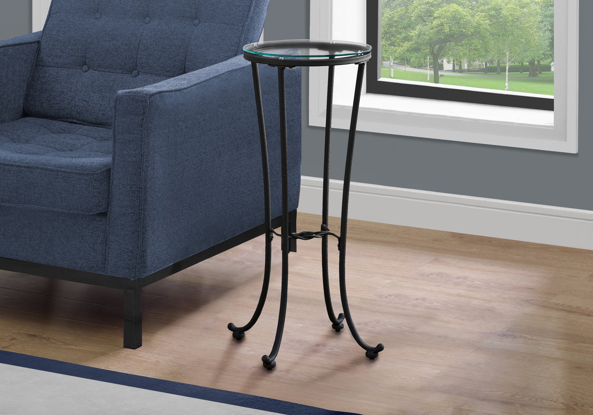 Image of accent table - hammered black metal with tempered glass  i 3332.